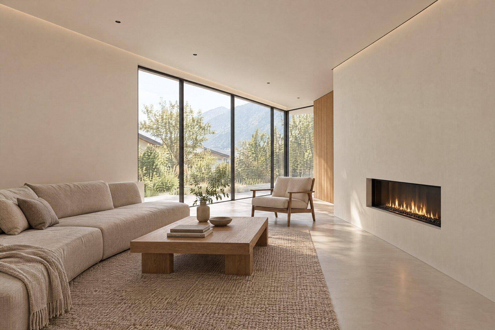 Helles, modernes Wohnzimmer mit beigem Sofa, integriertem Kamin und großen Fenstern mit Bergblick.