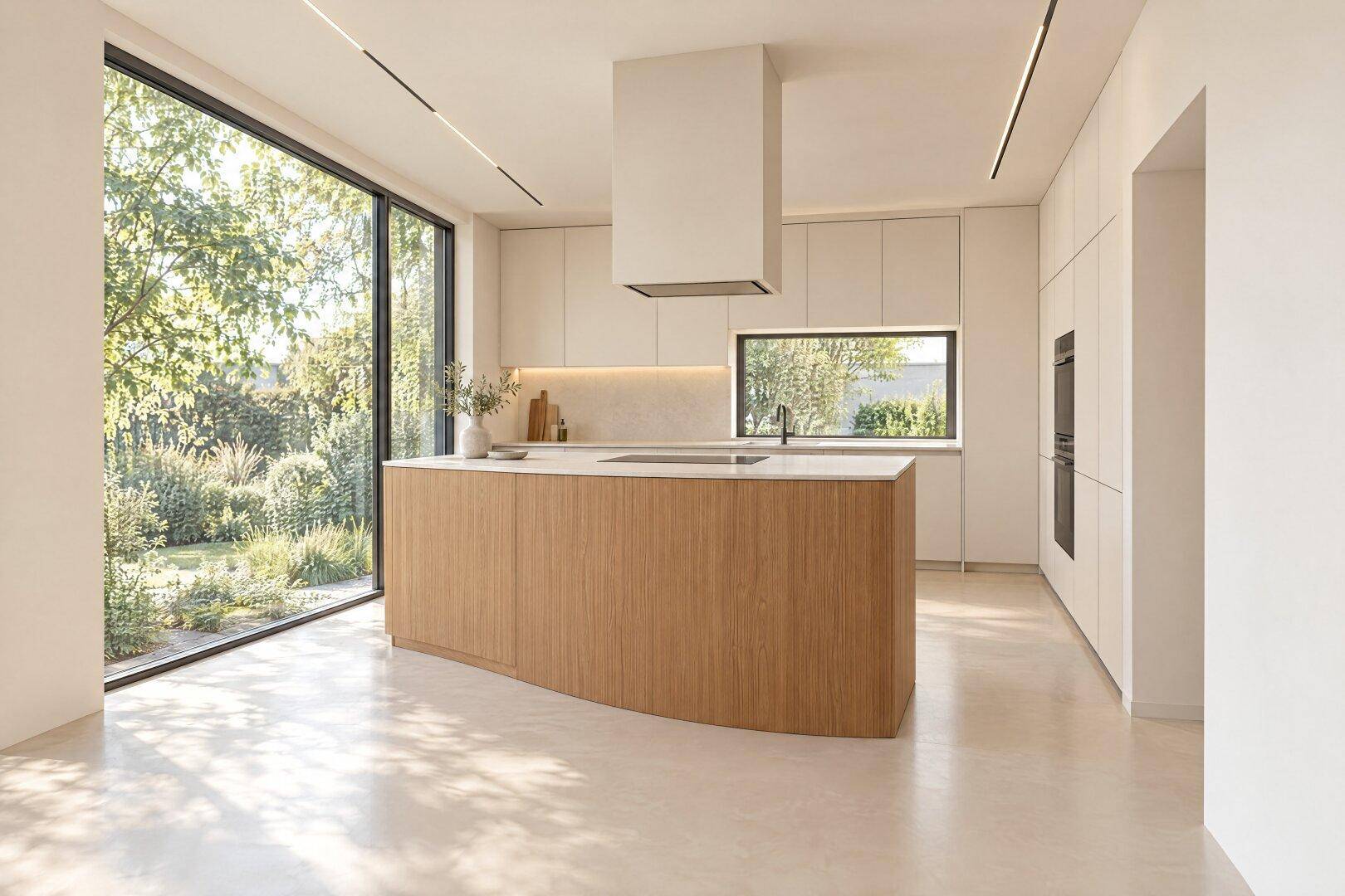 Moderne Küche mit Holzinsel, weißen Schränken, integrierten Geräten und großen Fenstern mit Gartenblick.