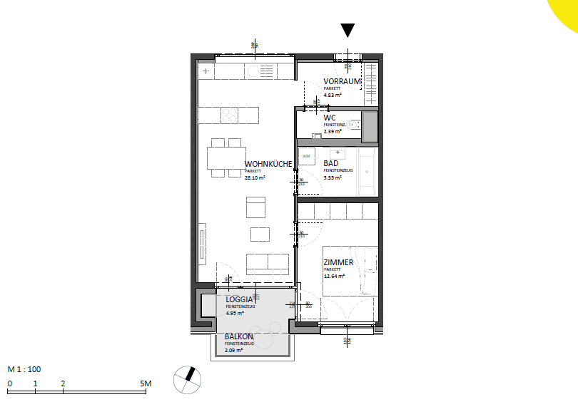 Grundriss einer Wohnung mit offener Wohnküche, einem Schlafzimmer, Bad, separatem WC, Loggia und Balkon.