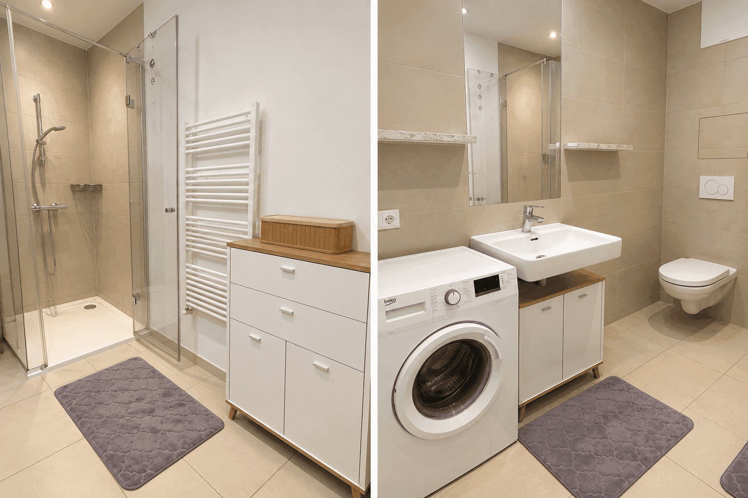Modernes Badezimmer mit begehbarer Dusche, Waschmaschine und hellen Fliesen.
