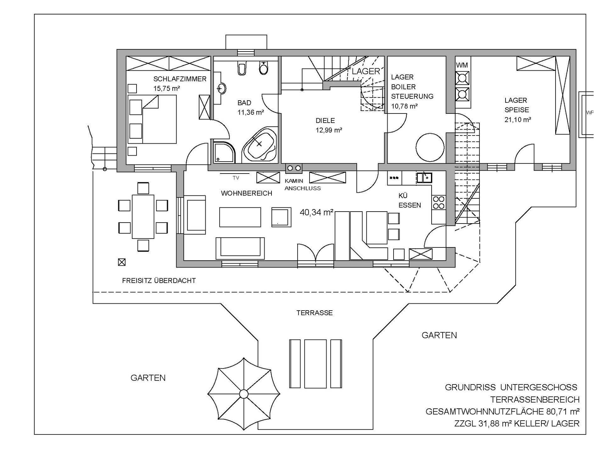 Grundriss Untergeschoss mit Wohnbereich, Küche, Schlafzimmer und großer Terrasse.