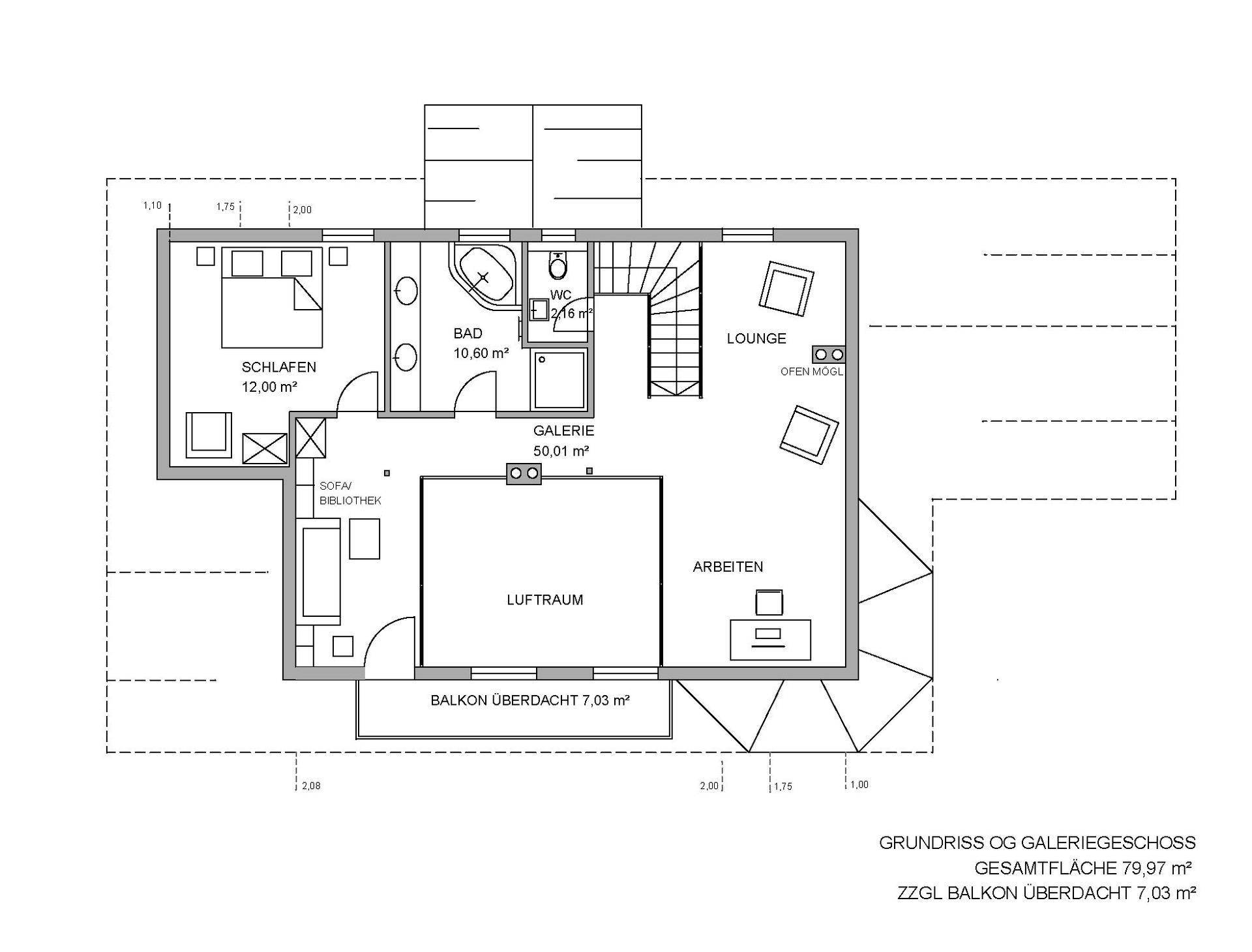 Grundriss Obergeschoss mit Schlafzimmer, Bad, Galerie und Arbeitsbereich.