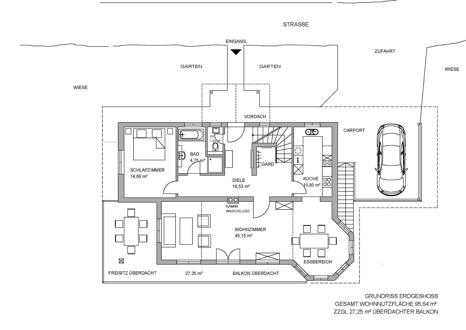 Grundriss Erdgeschoss mit Wohnzimmer, Küche, Schlafzimmer und überdachtem Balkon.