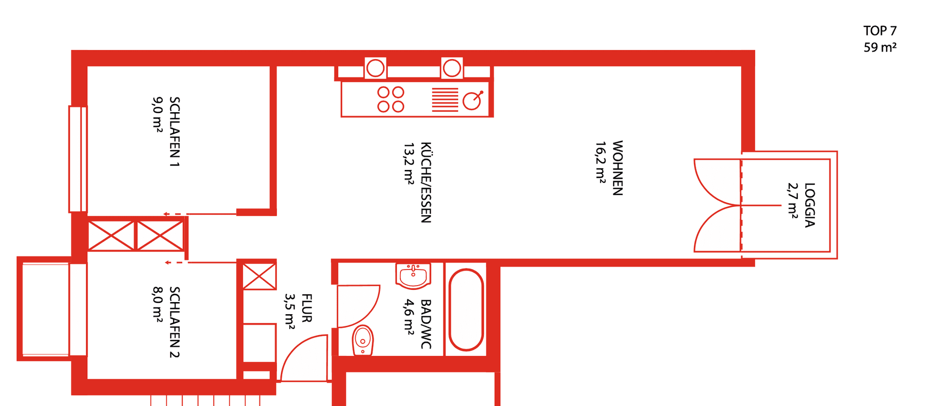 Grundriss der Wohnung Top 7 mit zwei Schlafzimmern, offener Küche und Loggia.