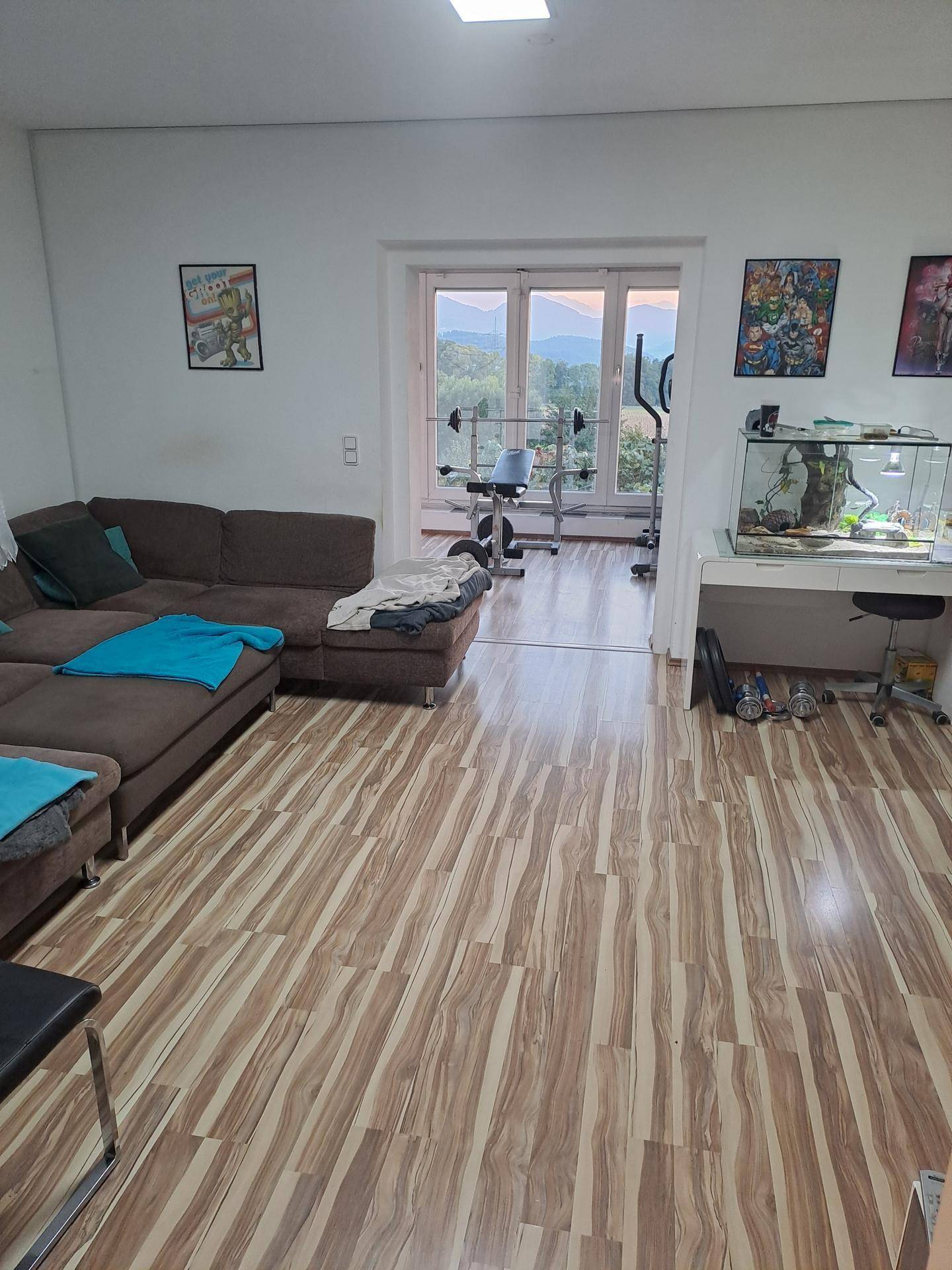 Wohnzimmer mit Sofa, Aquarium und Zugang zu einem angrenzenden Fitnessraum mit Bergblick.