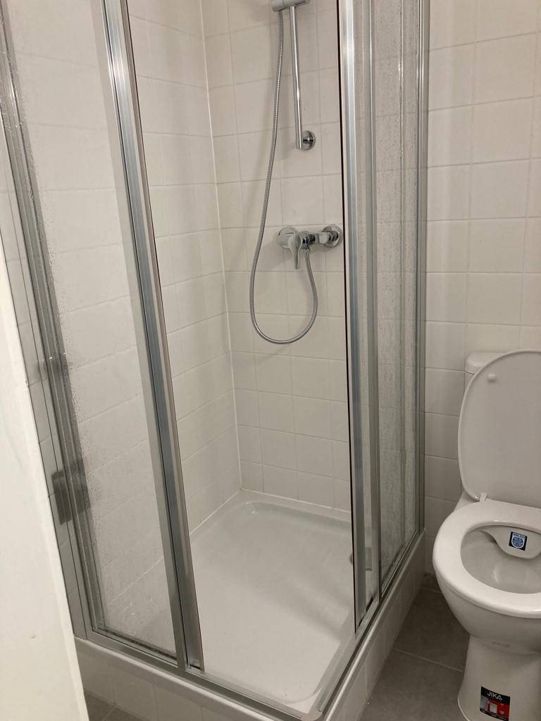 Modernes Badezimmer mit Duschkabine, WC und weißen Wandfliesen.