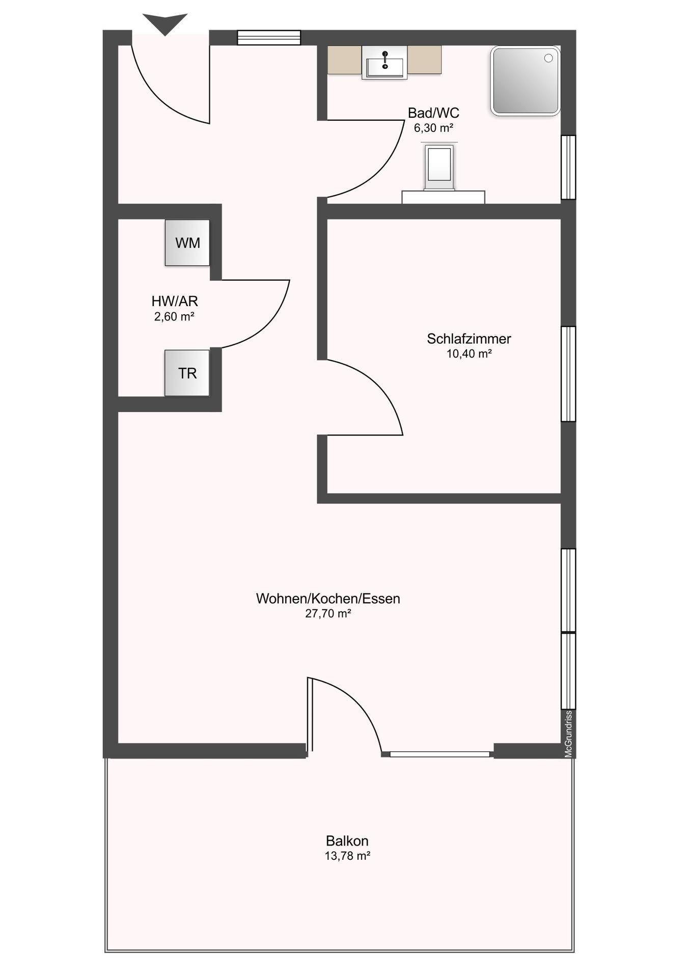 Grundriss einer Wohnung mit offenem Wohnbereich, Schlafzimmer, Bad und Balkon.