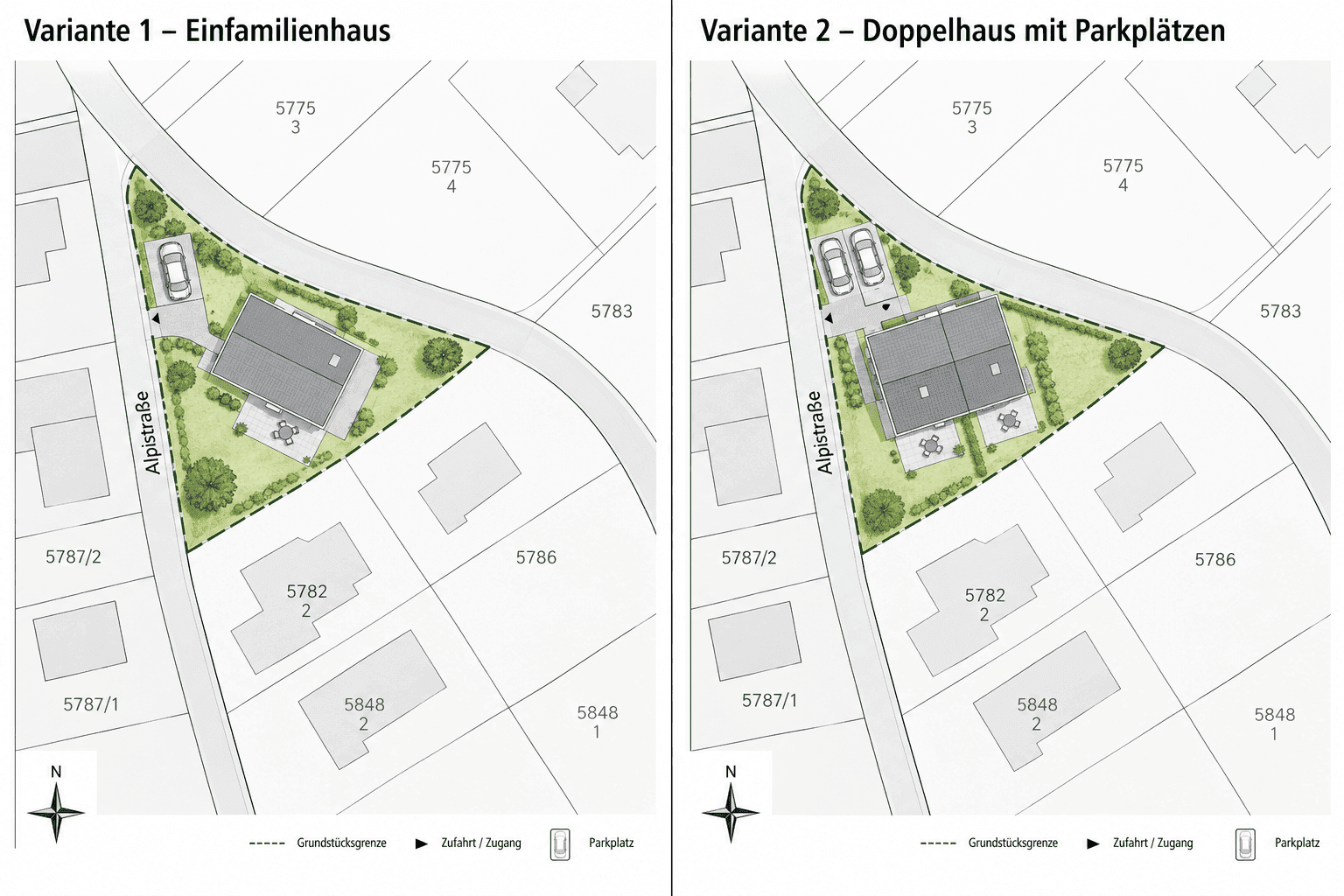 Zwei Varianten von Bebauungsplänen für das Grundstück mit Einfamilien- und Doppelhausoptionen.