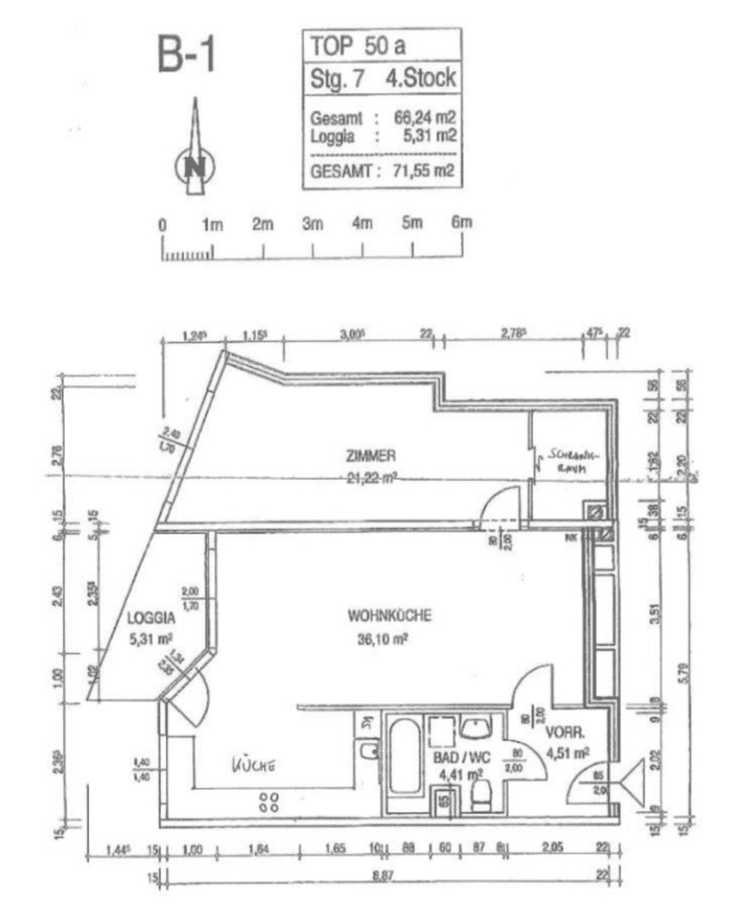 Grundriss einer Wohnung mit offener Wohnküche, Zimmer und Loggia, Gesamtfläche 71,55 m².