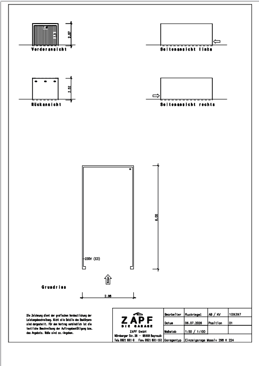 Technischer Grundriss und Ansichten einer Einzelgarage mit detaillierten Maßen.
