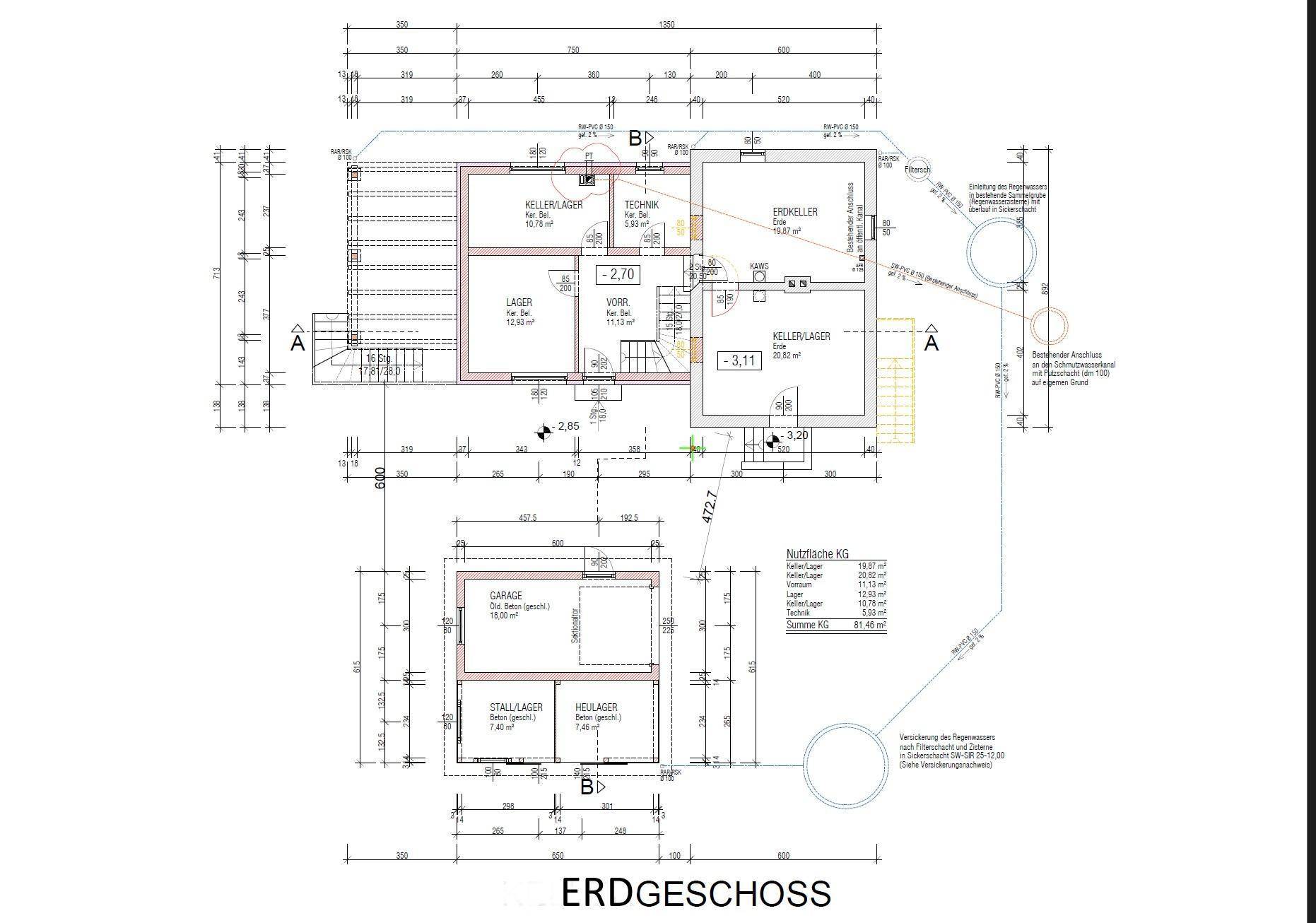 Grundriss des Erdgeschosses mit Garage, Technikraum, Kellerlager und weiteren Lagerräumen für das Anwesen.