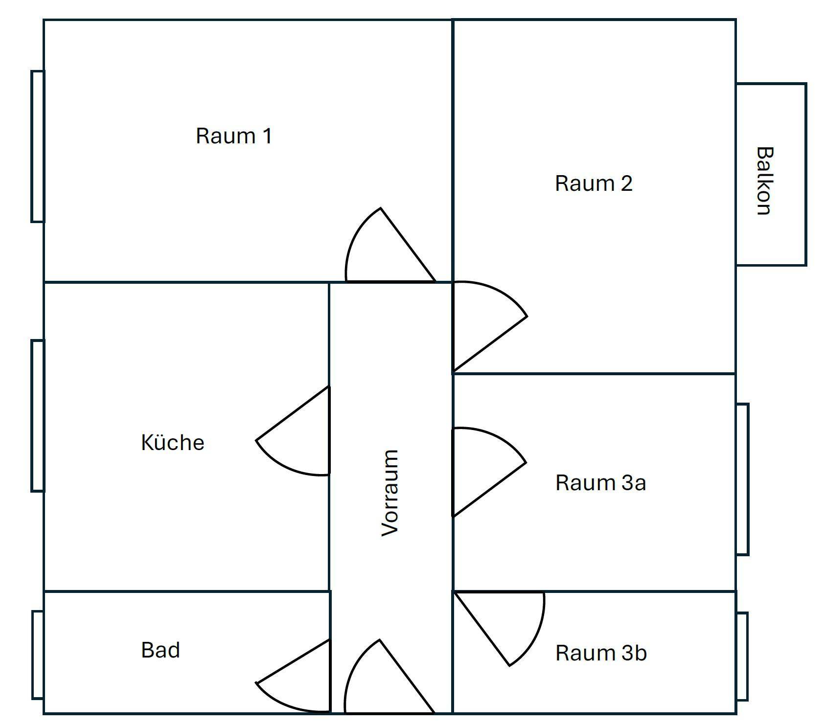 Grundriss der Wohnung mit drei Zimmern, Küche, Bad, Vorraum und Balkon.
