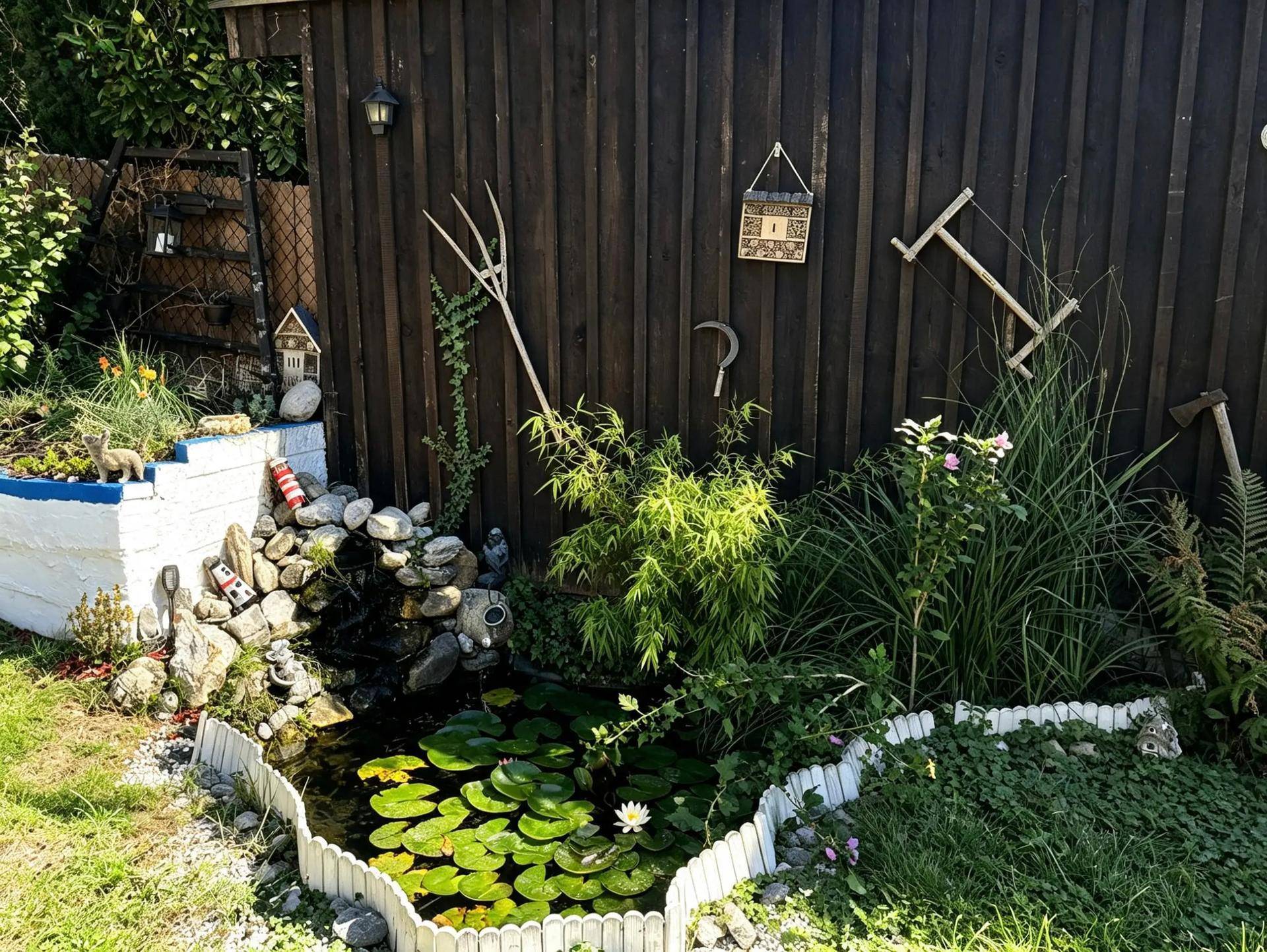Dekorativer Gartenbereich mit kleinem Teich, Seerosen, Steinen und üppiger Bepflanzung am Holzzaun.