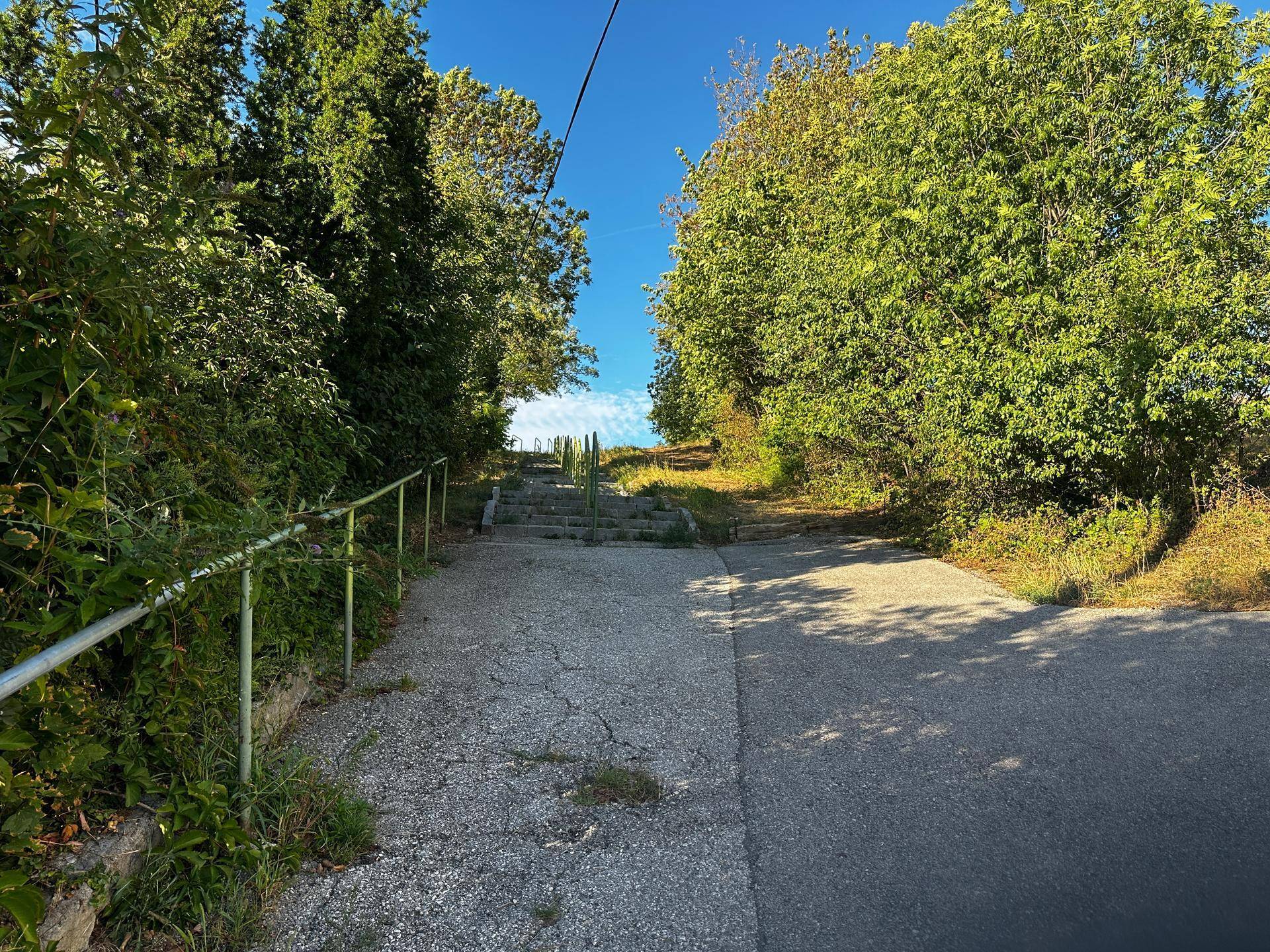 Außenweg mit Treppen, die bergauf führen, umgeben von dichtem Grün und Bäumen.