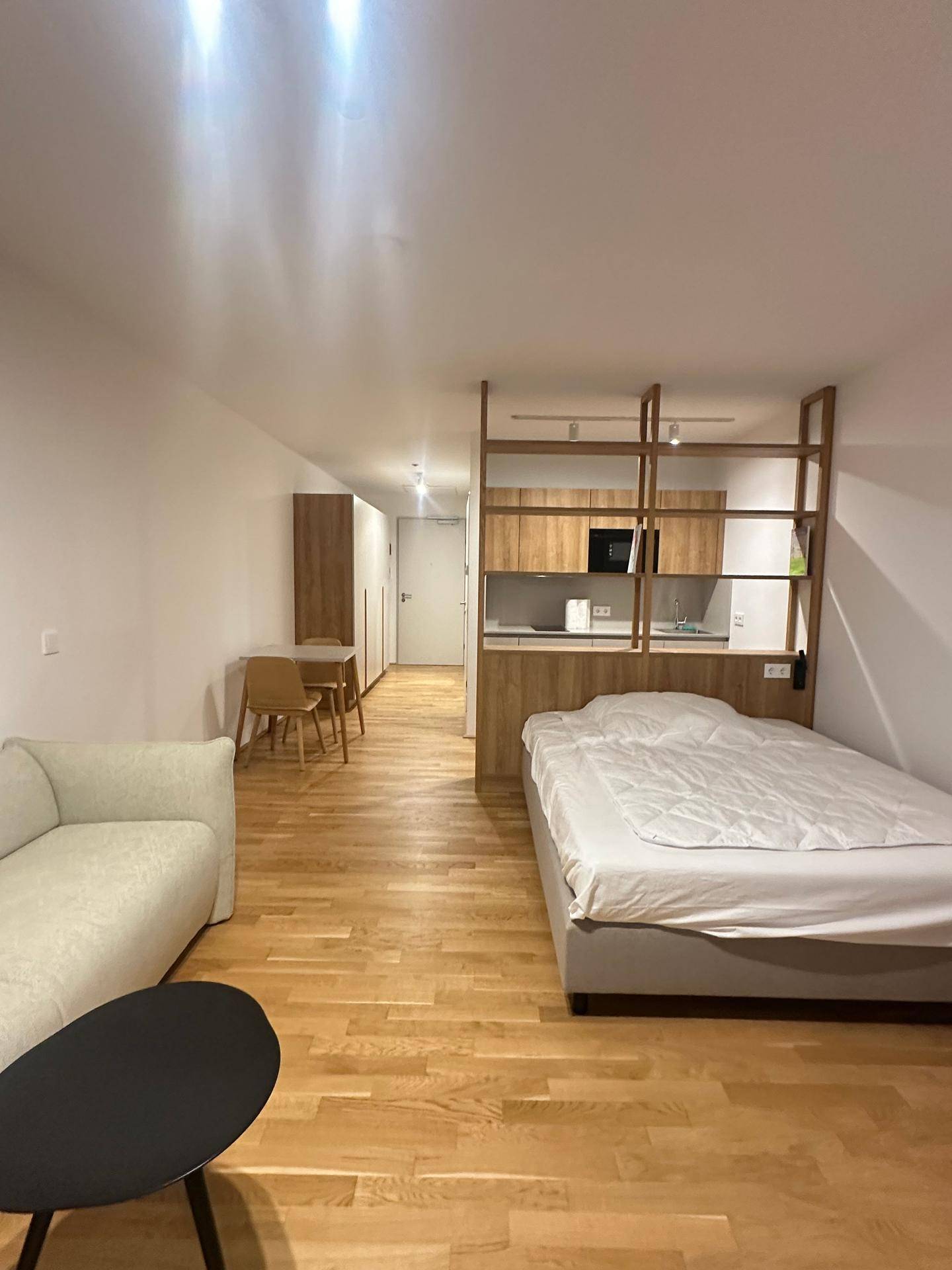Geräumiges Studio-Apartment mit Schlafbereich, Sofa und Couchtisch auf hellem Holzfußboden.
