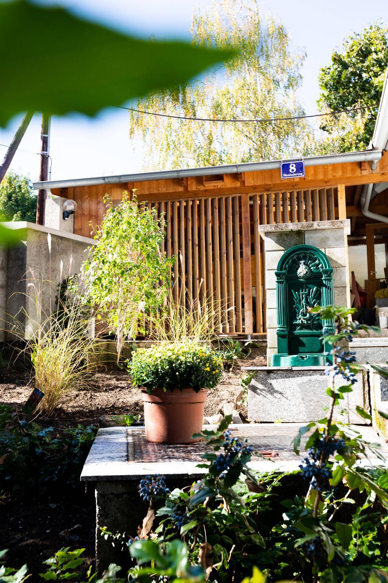 Gartenbereich mit einer dekorativen grünen Wasserpumpe und einer Holzverkleidung im Hintergrund.