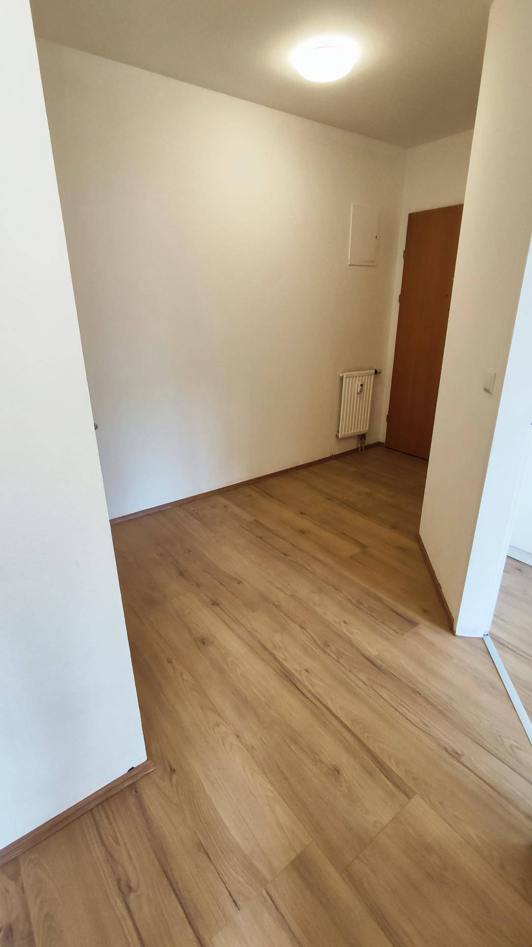 Heller Flurbereich mit Laminatboden und einer Holztür, die zu weiteren Räumen führt.