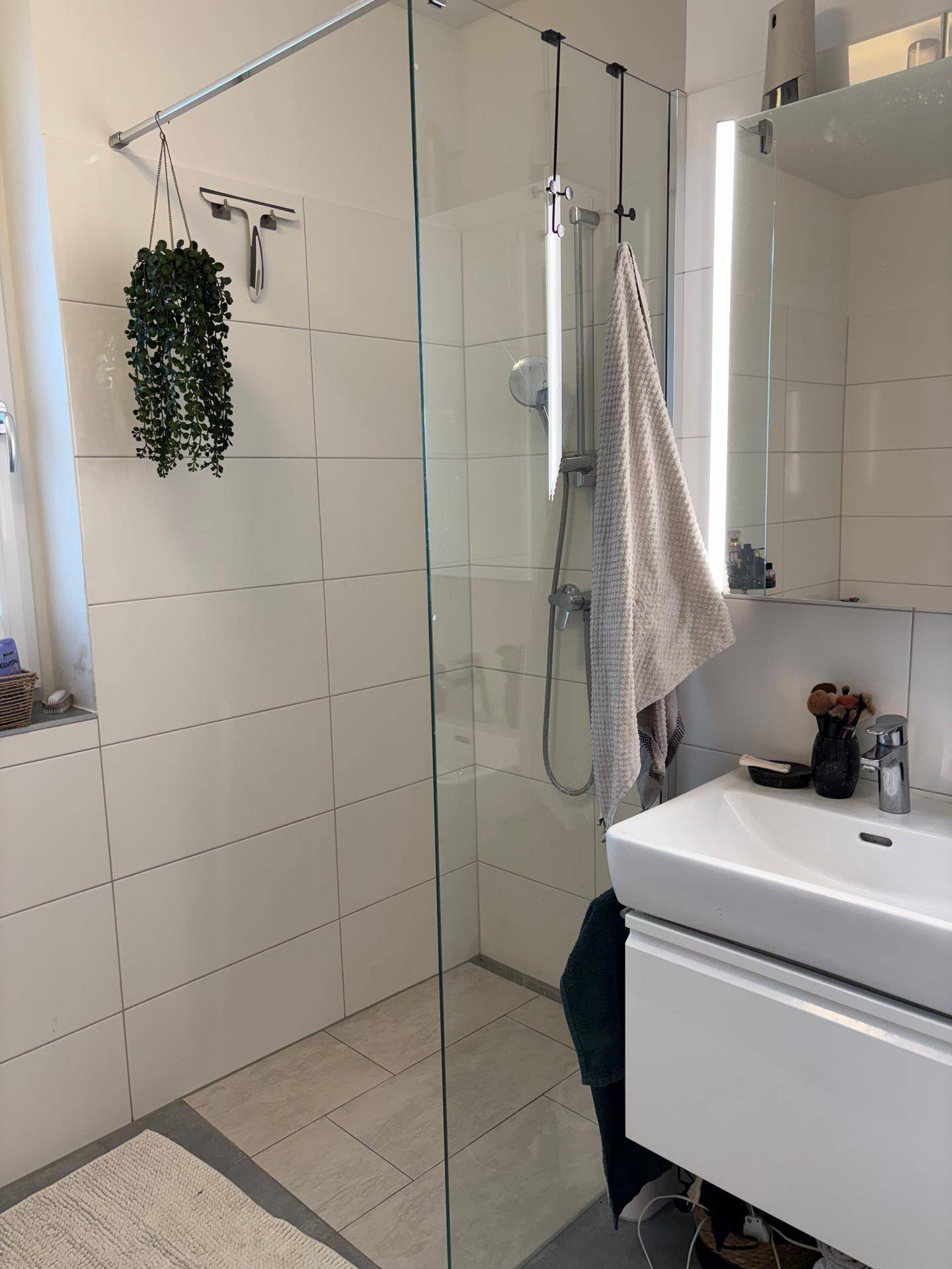 Helles Badezimmer mit moderner begehbarer Dusche, Waschbecken und Spiegelschrank.