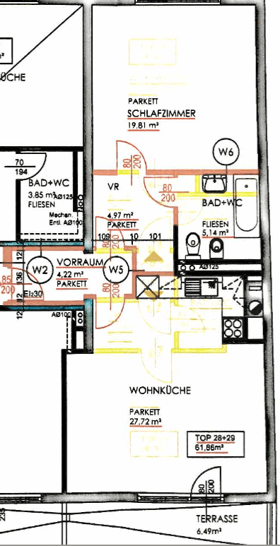 Grundriss zeigt eine Wohnküche, ein Schlafzimmer, ein Bad mit WC und eine Terrasse mit Gesamtfläche.