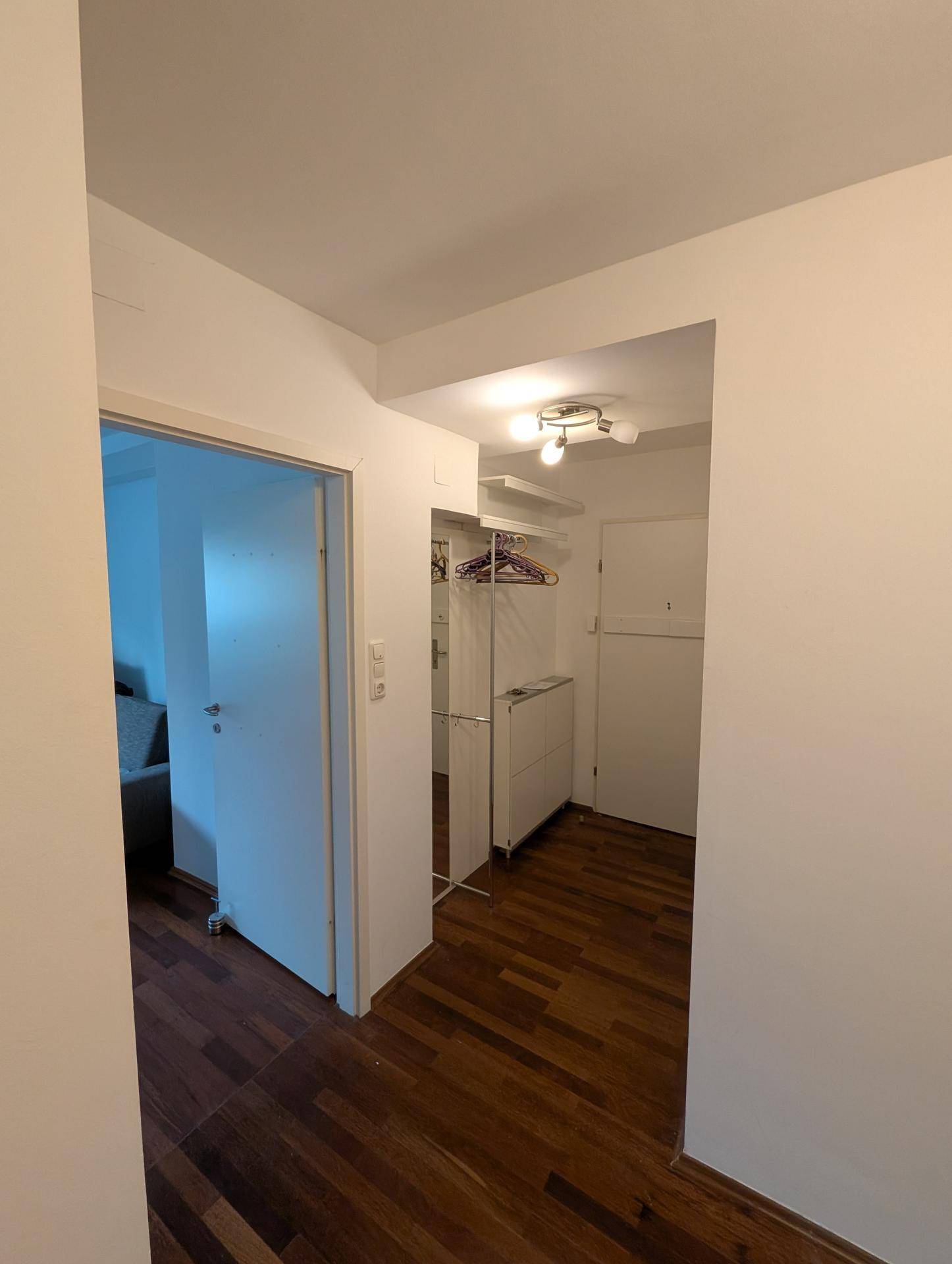 Eingangsbereich mit dunklem Parkettboden und einem offenen Garderobensystem für Kleidung und Schuhe.