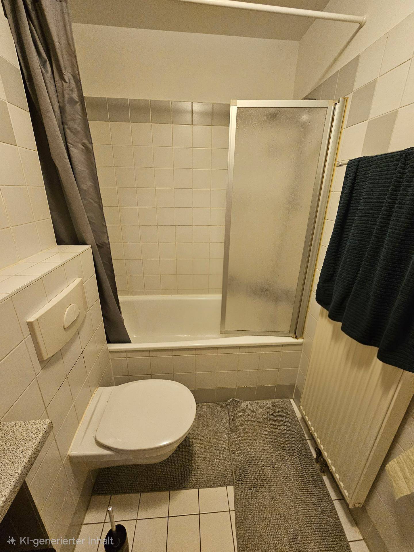 Badezimmer mit Toilette und Badewanne inklusive Duschabtrennung, ausgestattet mit hellen Wandfliesen.