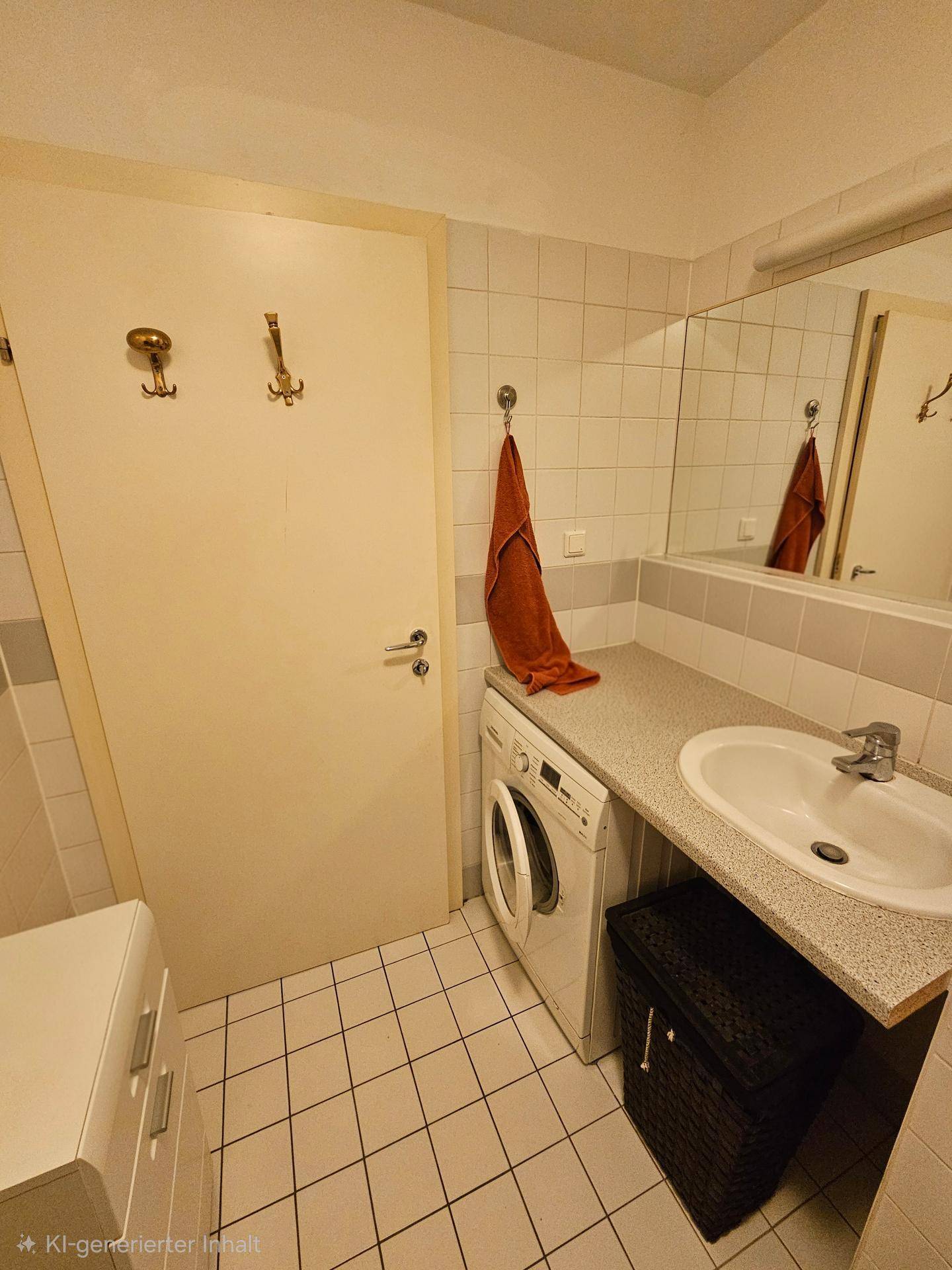 Badezimmer mit Waschbecken, Spiegel und einer praktischen Waschmaschine, umgeben von hellen Fliesen.