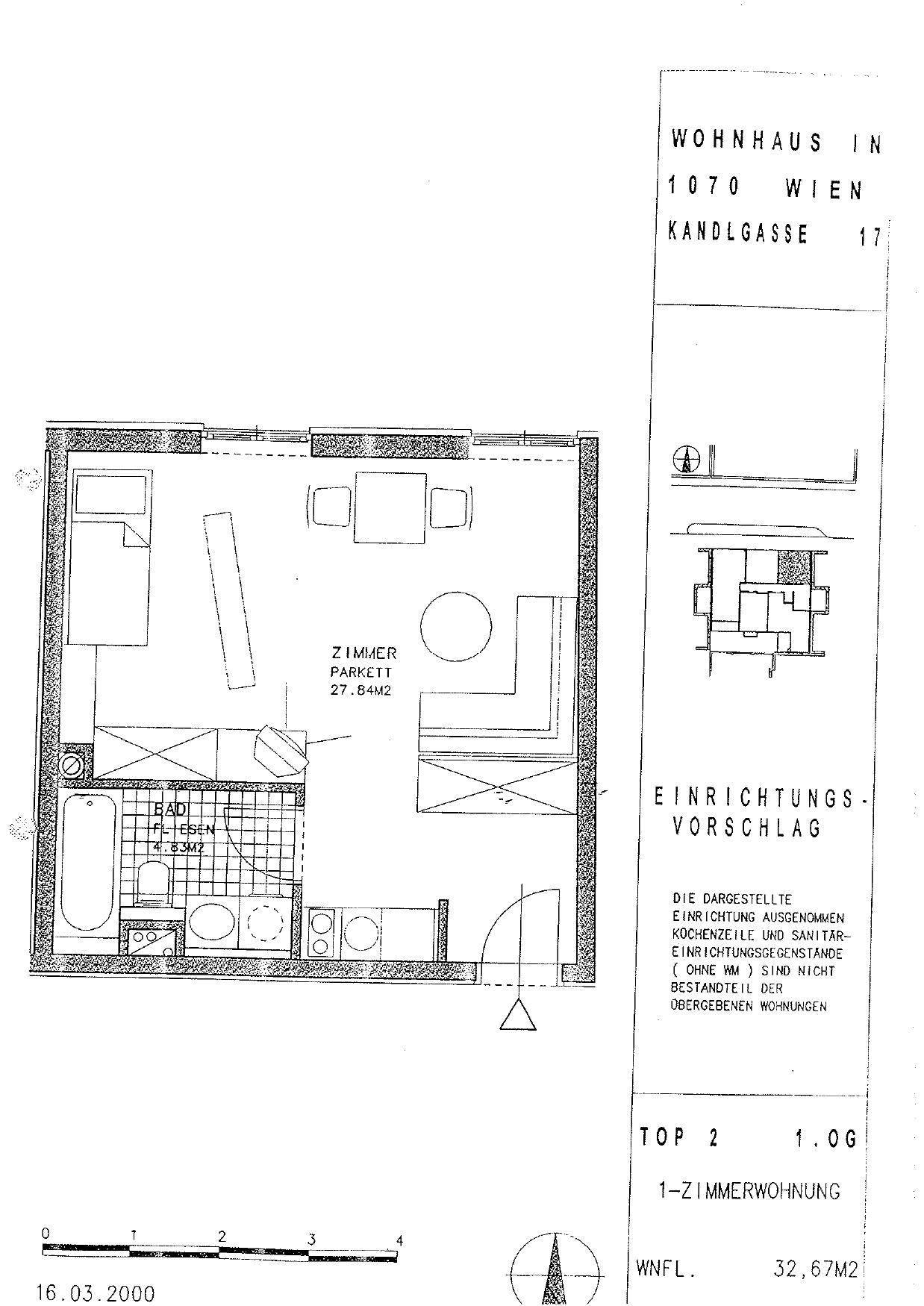 Grundriss einer 1-Zimmer-Wohnung mit 32,67m² Wohnfläche und Parkettboden im Zimmer.