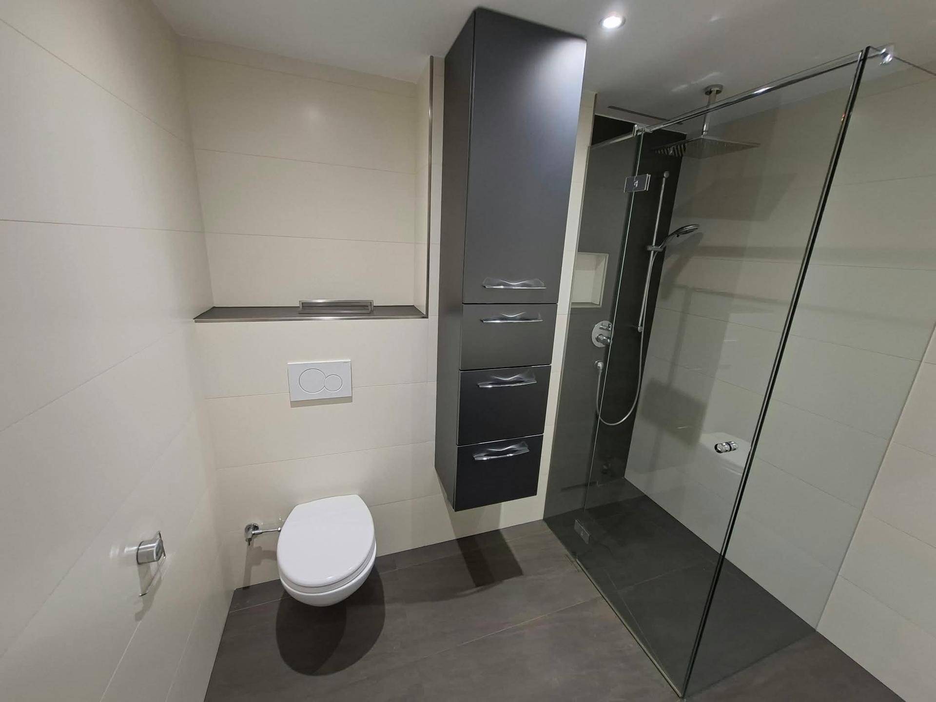 Modernes Badezimmer mit begehbarer Dusche, Wand-WC und dunklem Hochschrank.