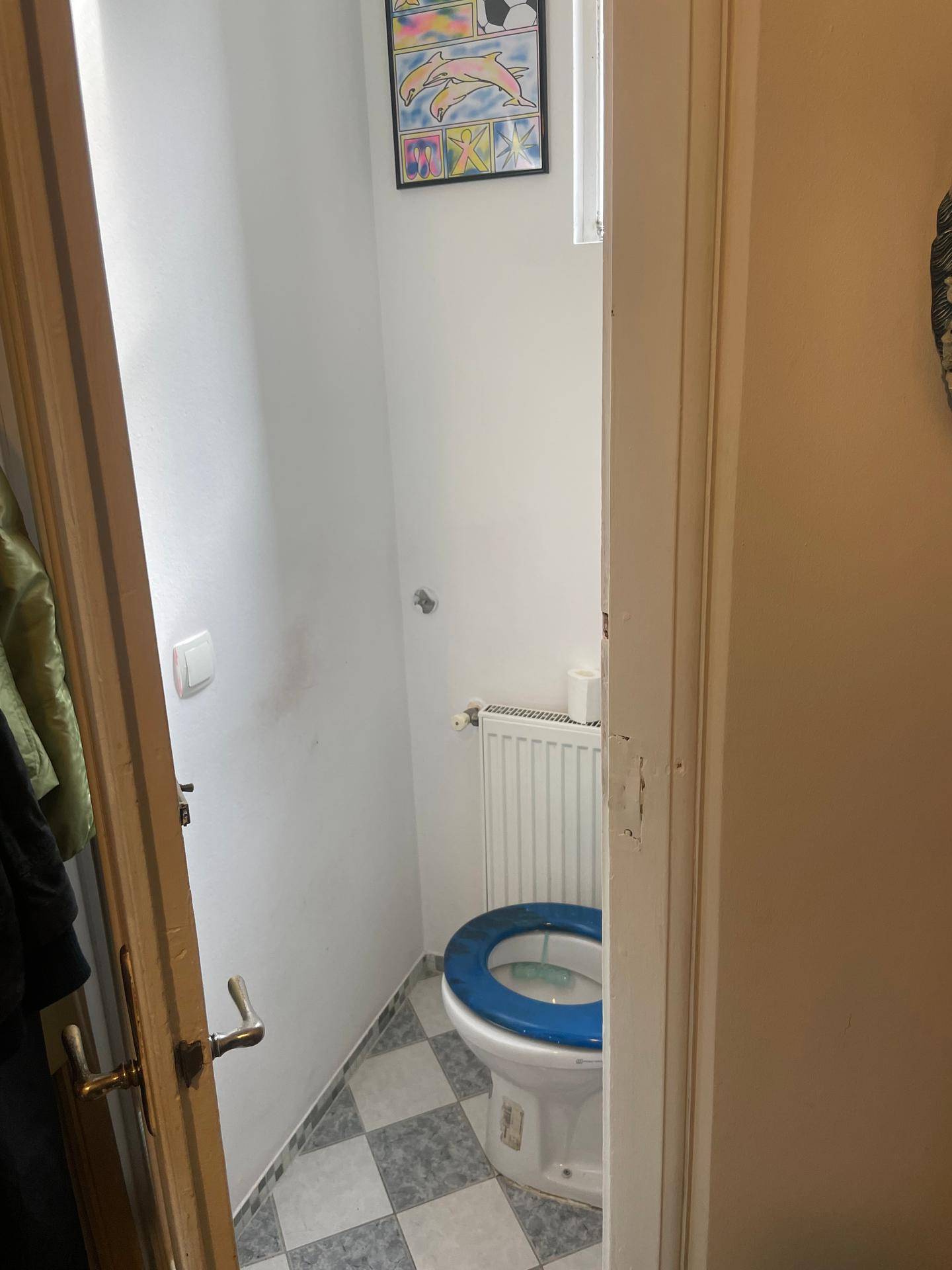 Kleines Gäste-WC mit karierten Bodenfliesen und Heizkörper.