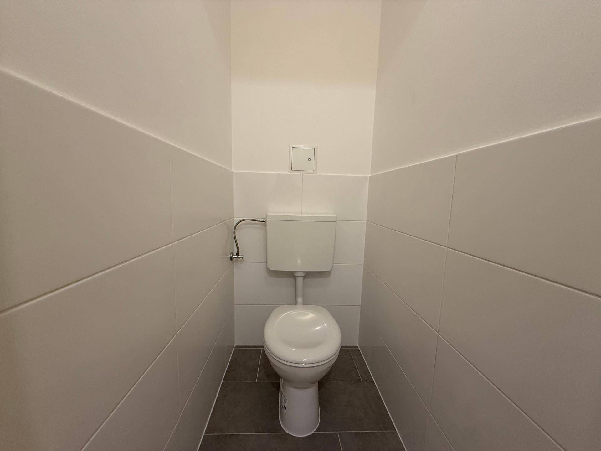 Modernes separates WC mit weißen Fliesen an den Wänden und dunklem Boden.