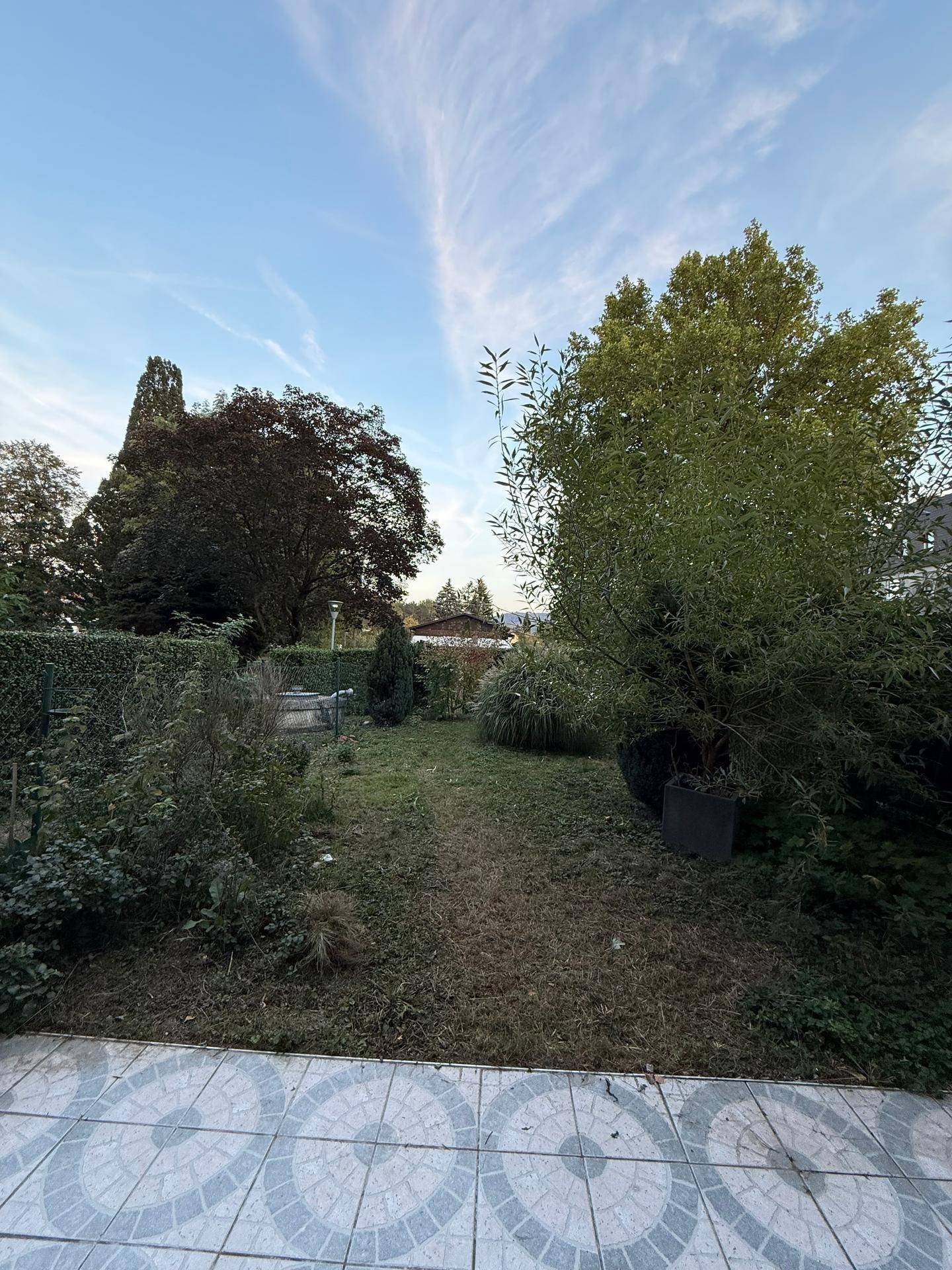 Gepflegter Gartenbereich mit Bäumen und einer gefliesten Terrasse, ideal zum Entspannen im Freien.