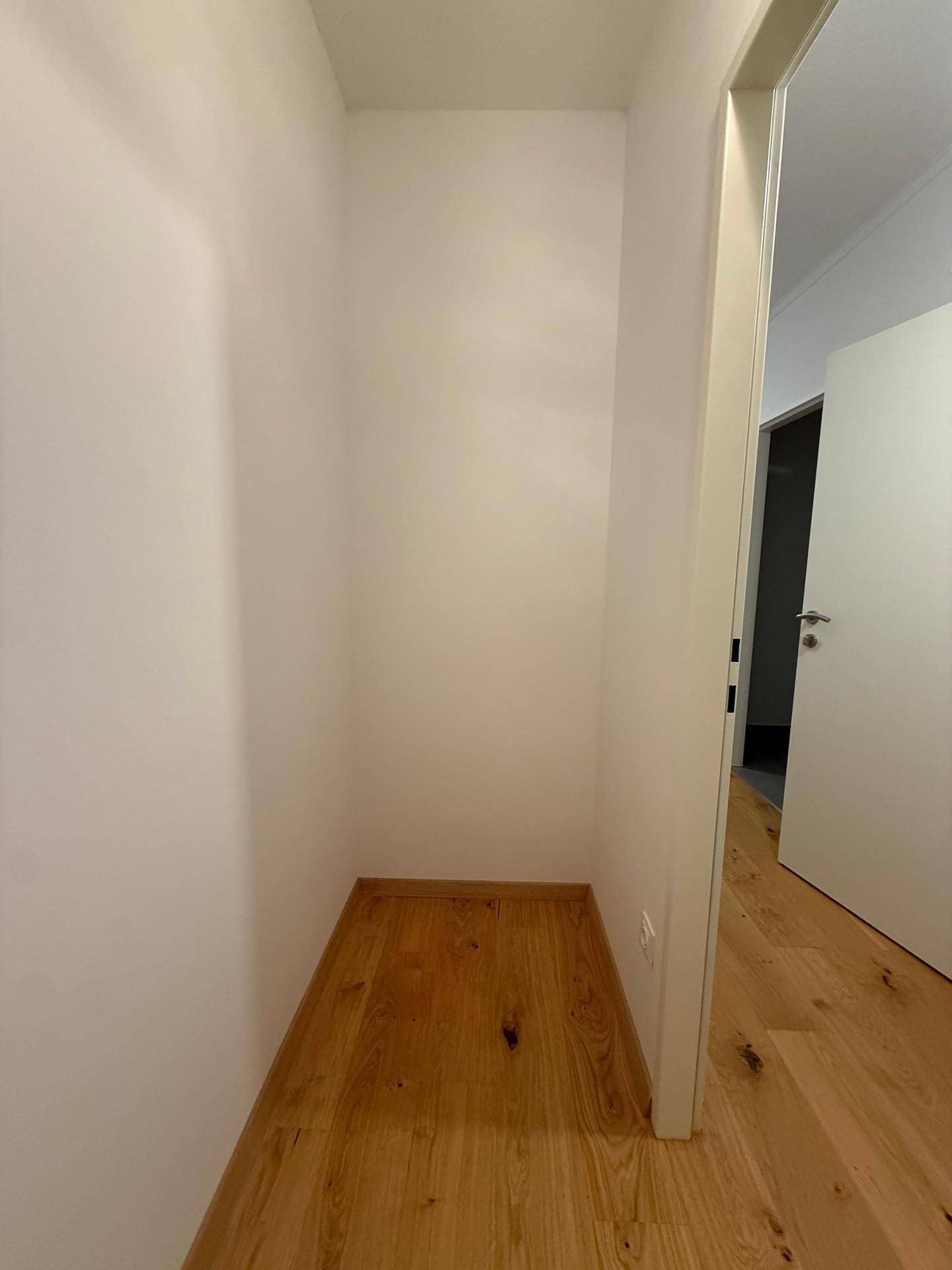 Praktischer Abstellraum mit Holzparkettboden, ideal für zusätzlichen Stauraum.
