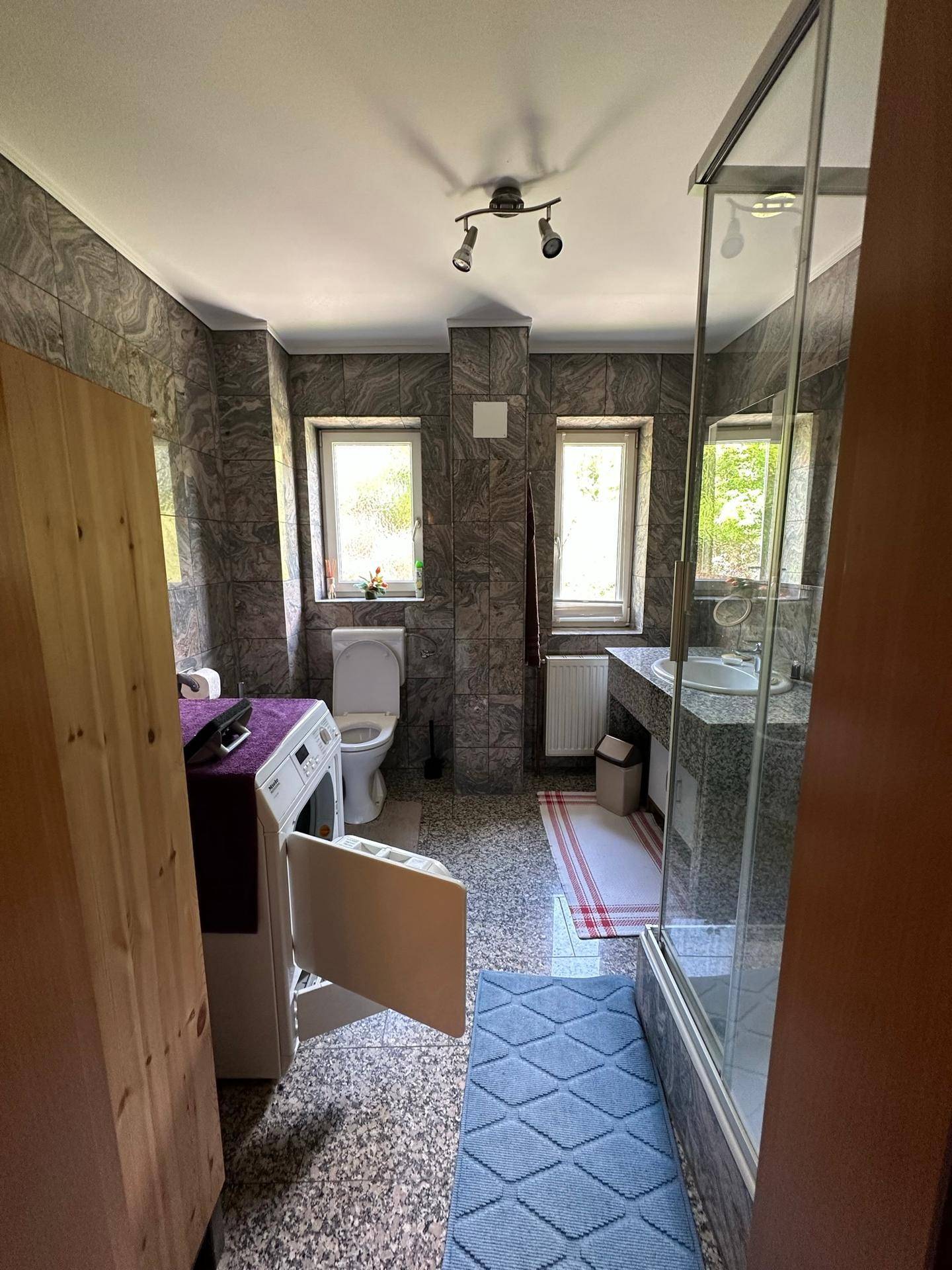 Badezimmer mit Dusche, WC, Waschmaschine und zwei Fenstern.