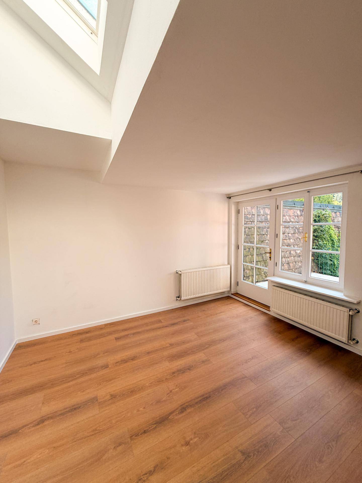 Geräumiges Wohnzimmer mit Holzboden, Dachfenstern und Zugang zu einem Außenbereich.