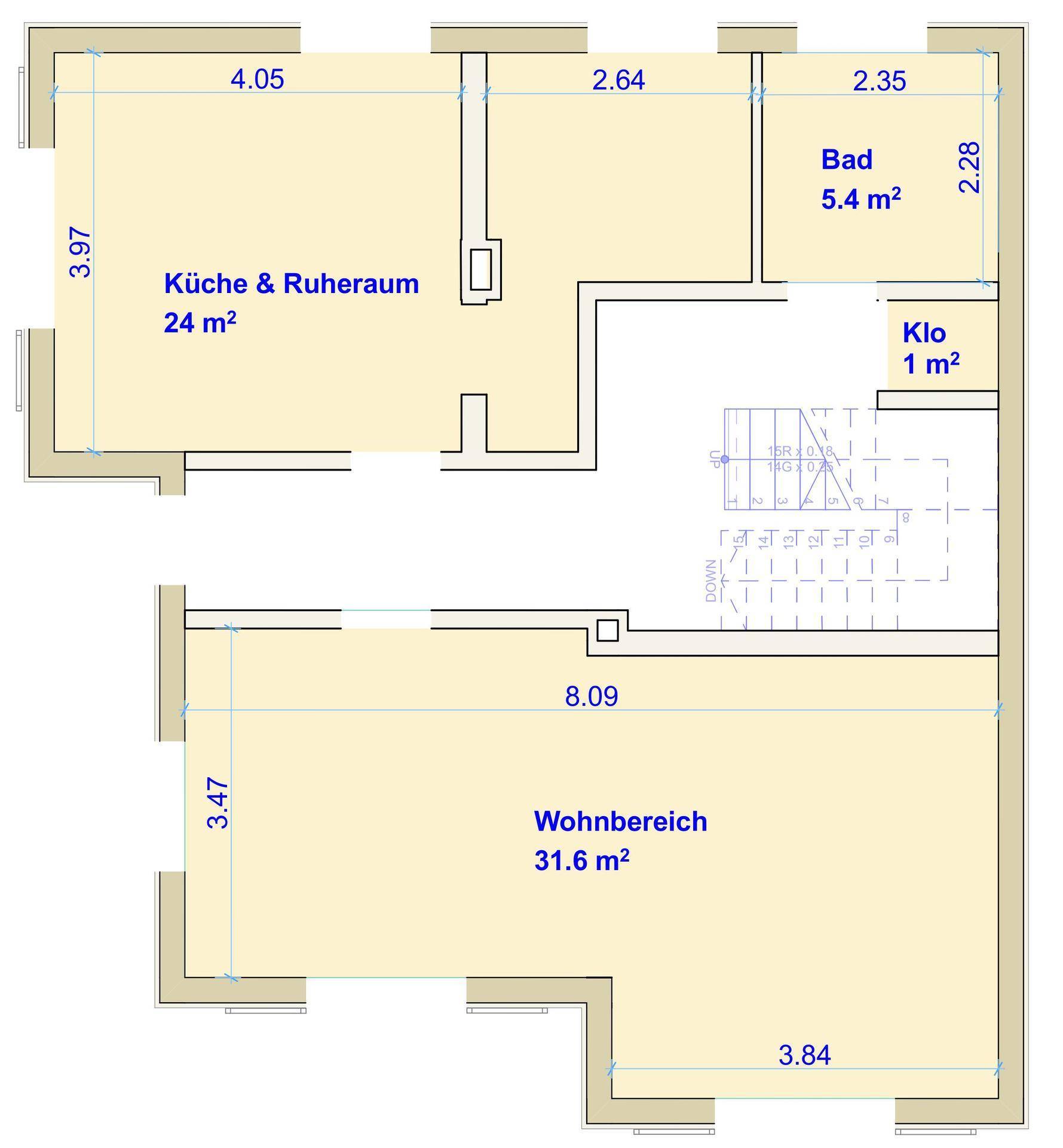 Grundriss des Erdgeschosses mit Küche, Bad, WC und großem Wohnbereich.