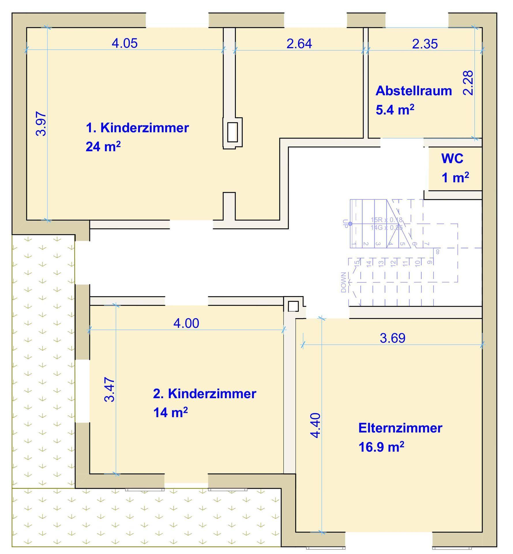 Grundriss des Obergeschosses mit zwei Kinderzimmern, Elternzimmer, Abstellraum und WC.