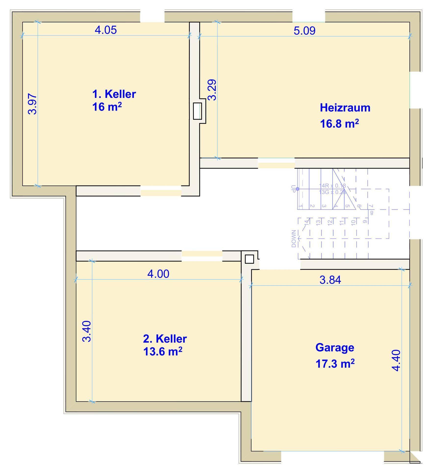 Grundriss des Kellergeschosses mit zwei Kellerräumen, Heizraum und Garage.
