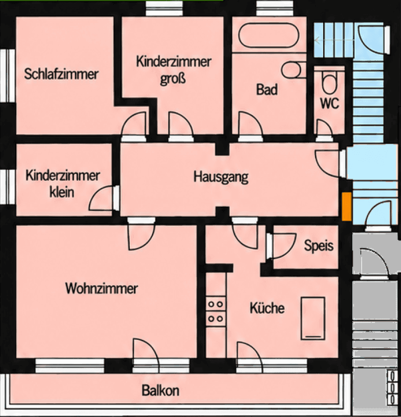 Grundriss der Etage mit Wohnzimmer, Küche, drei Schlafzimmern, Bad und Balkon.