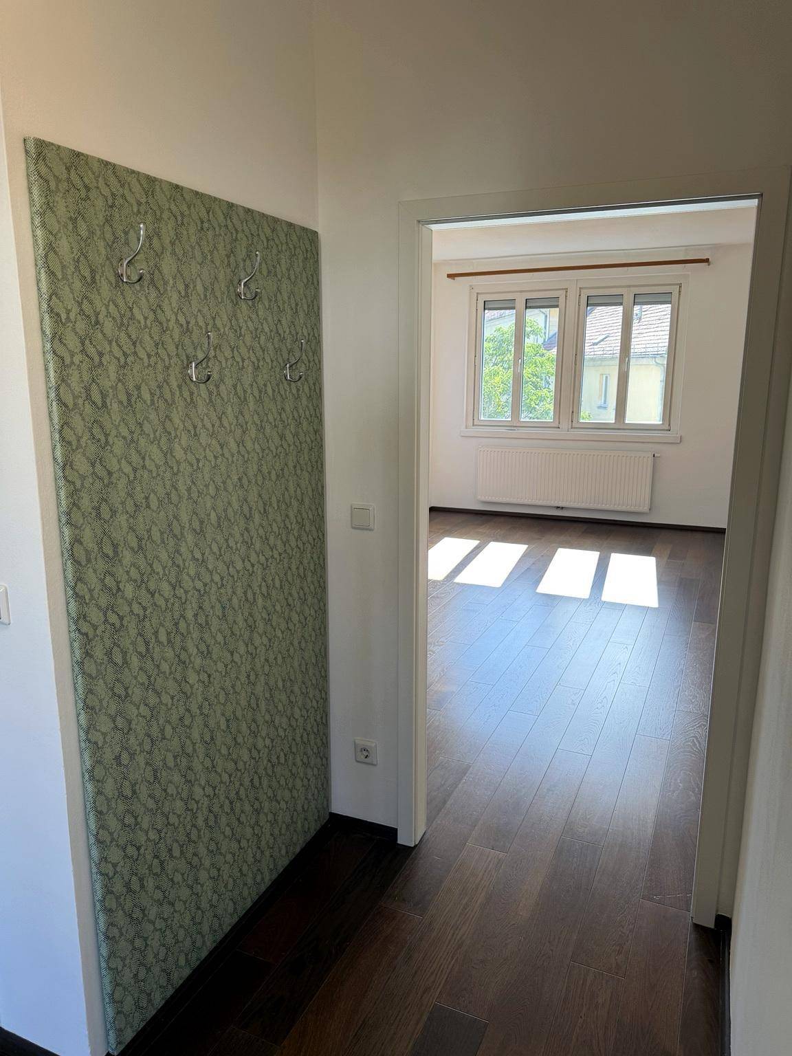Heller Flur mit dunklem Holzboden und einer Garderobenwand, die zu einem weiteren Raum führt.