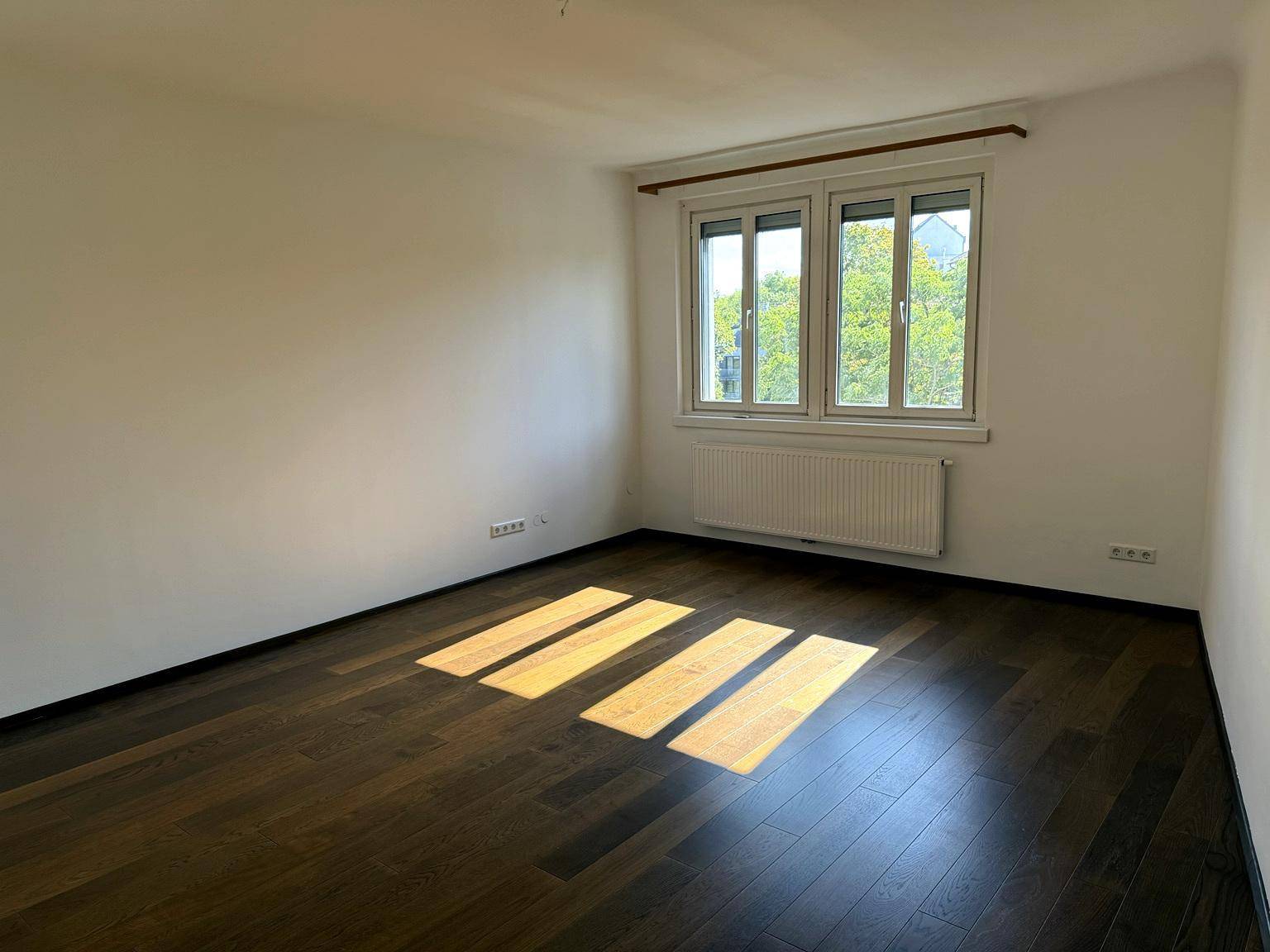 Heller Raum mit dunklem Holzboden und großen Fenstern, die Sonnenlicht hereinlassen.