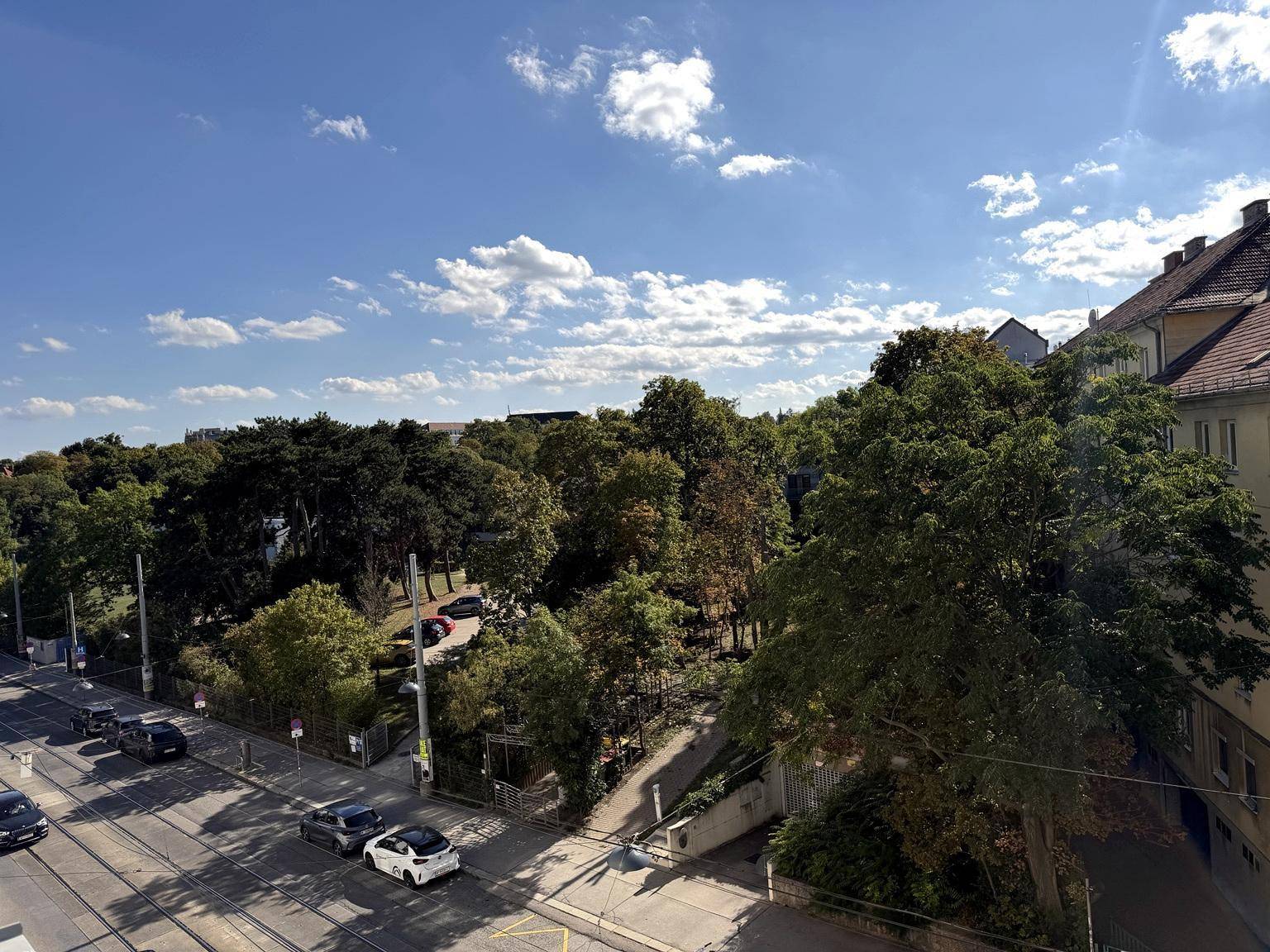 Weitläufiger Blick über eine grüne Allee mit Bäumen und städtischer Umgebung unter blauem Himmel.