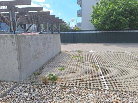 Außenparkplätze auf Rasengittersteinen neben dem Gebäude mit Pergola.