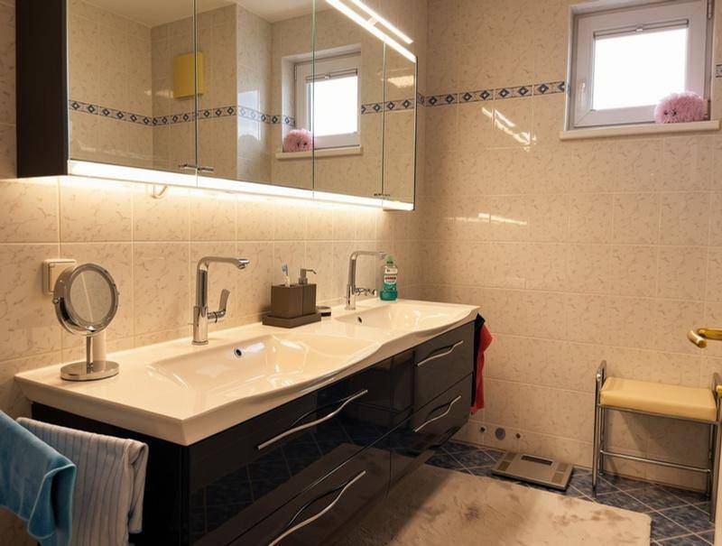 Modernes Badezimmer mit Doppelwaschbecken, großem Spiegelschrank und Fenster.