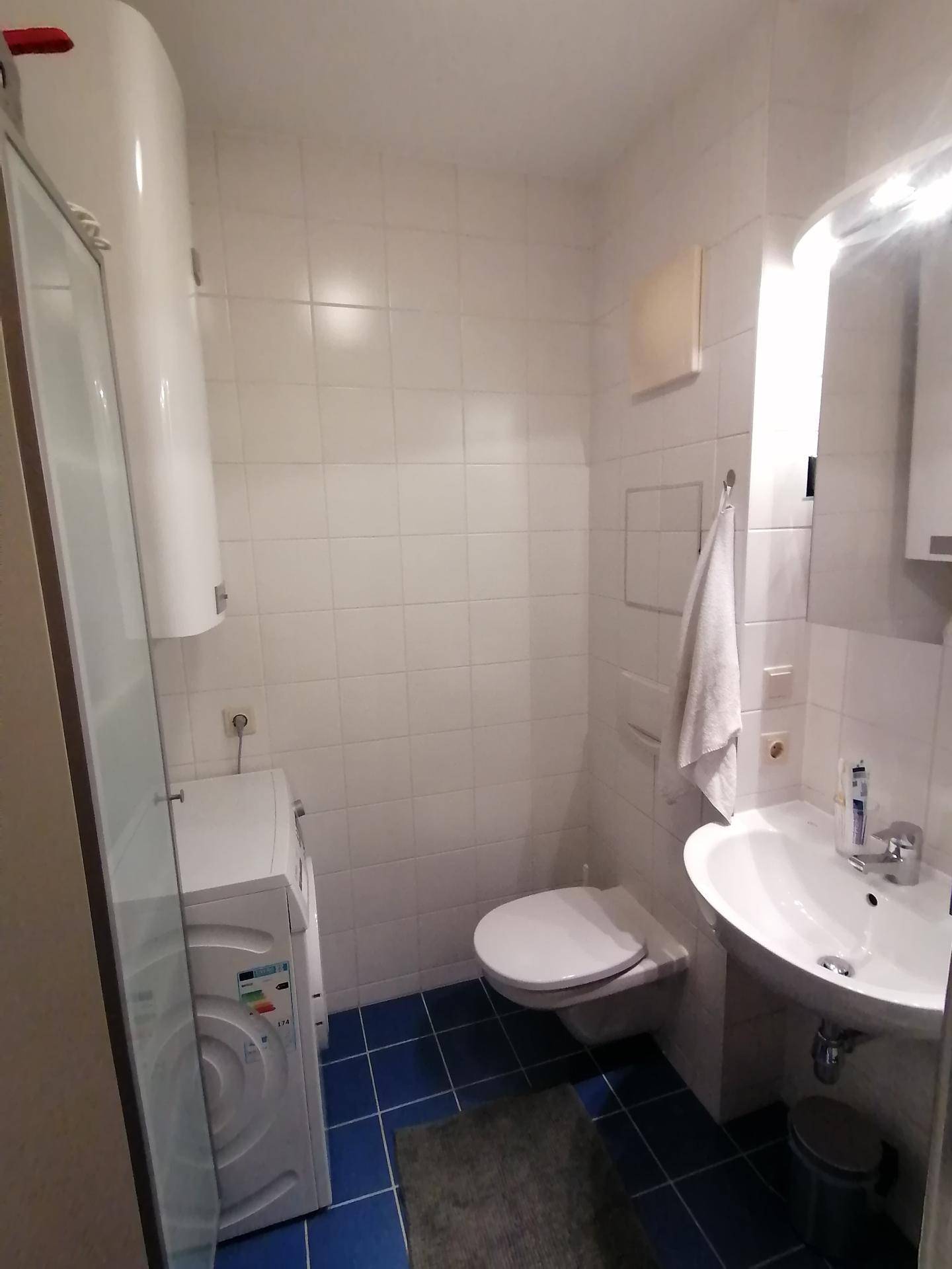 Badezimmer mit Dusche, WC, Waschbecken und Waschmaschine, gefliest in Weiß und Blau.