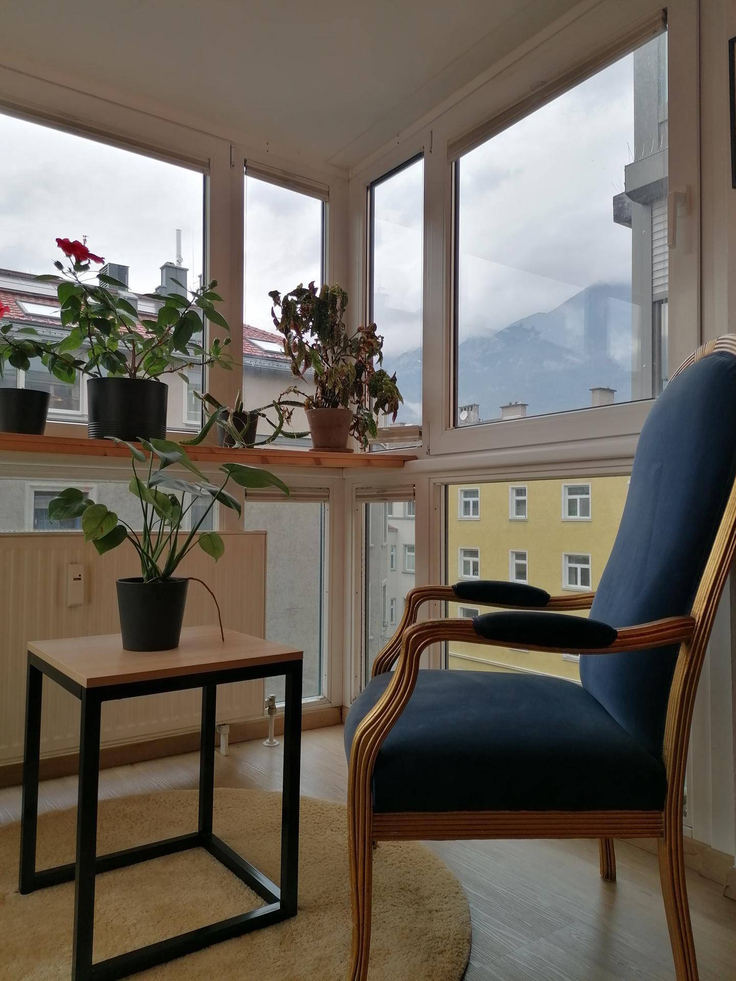 Heller Erkerbereich mit bequemen Sessel, Pflanzen und Bergblick durch die Fenster.