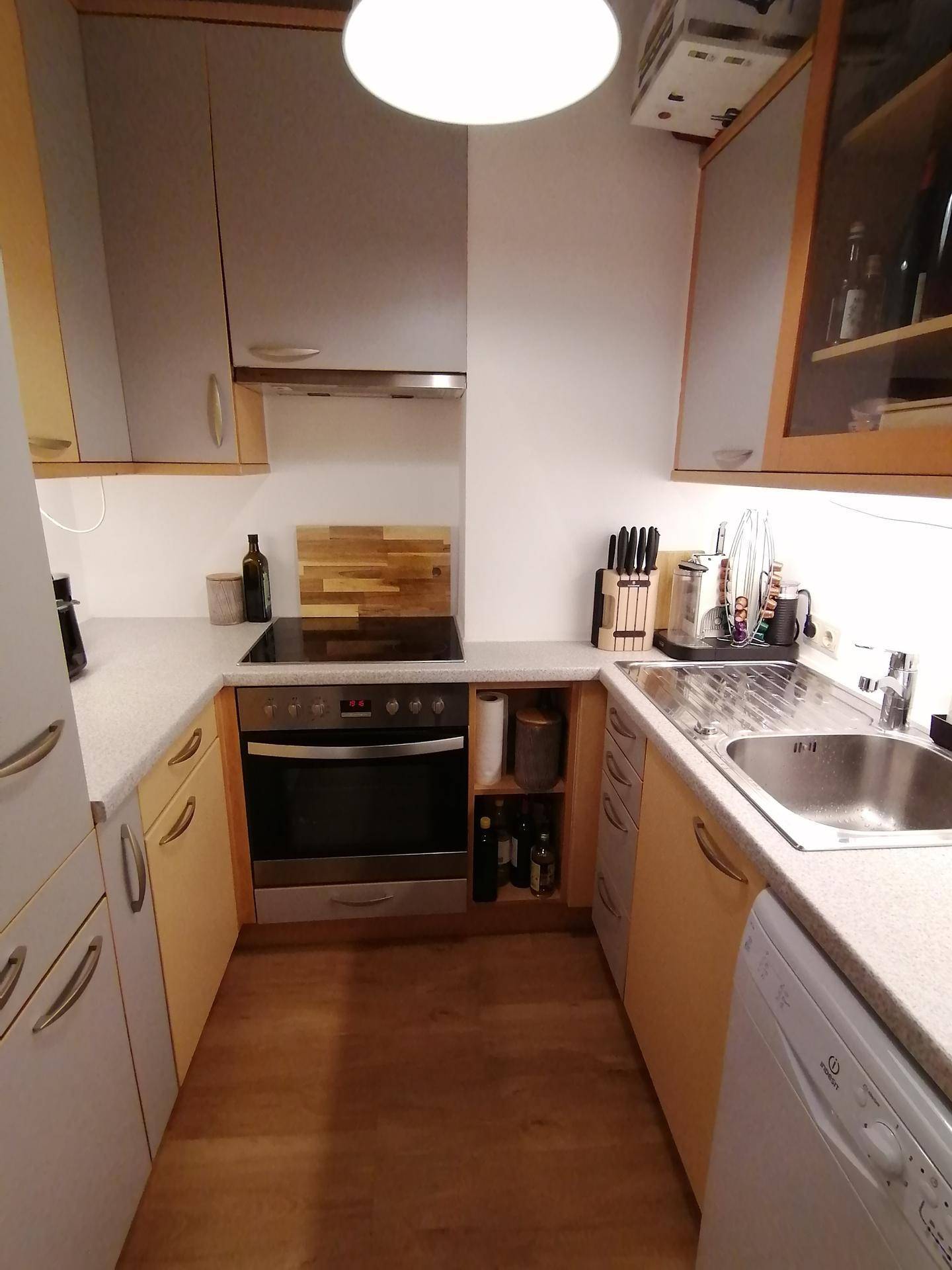 Funktionale Küche mit Spüle, Kochfeld, Backofen und integriertem Geschirrspüler.
