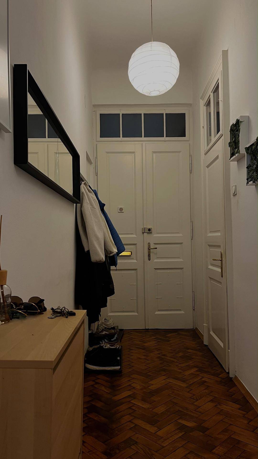 Eingangsbereich mit Holzboden, Garderobe und einem großen Spiegel.