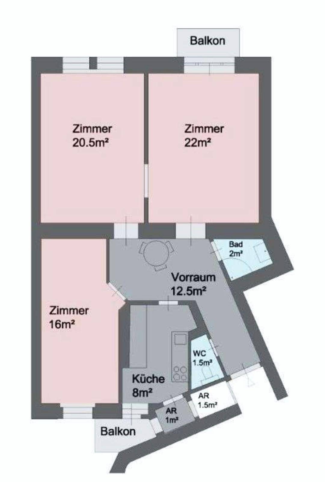 Grundriss einer Wohnung mit drei Zimmern, zwei Balkonen und separatem Bad und WC.