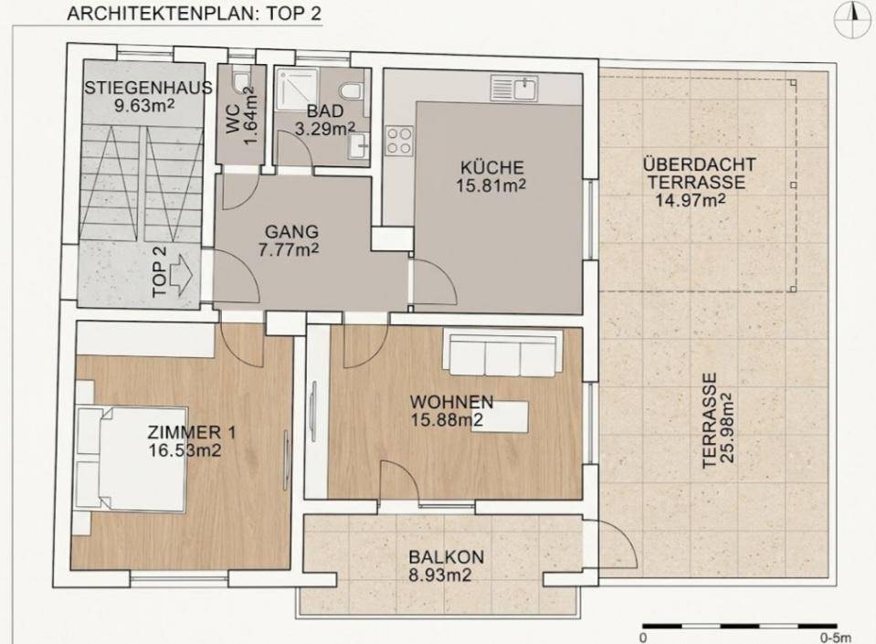 Detaillierter Architektenplan mit Zimmern, Bad, Küche, überdachter Terrasse und Balkon.