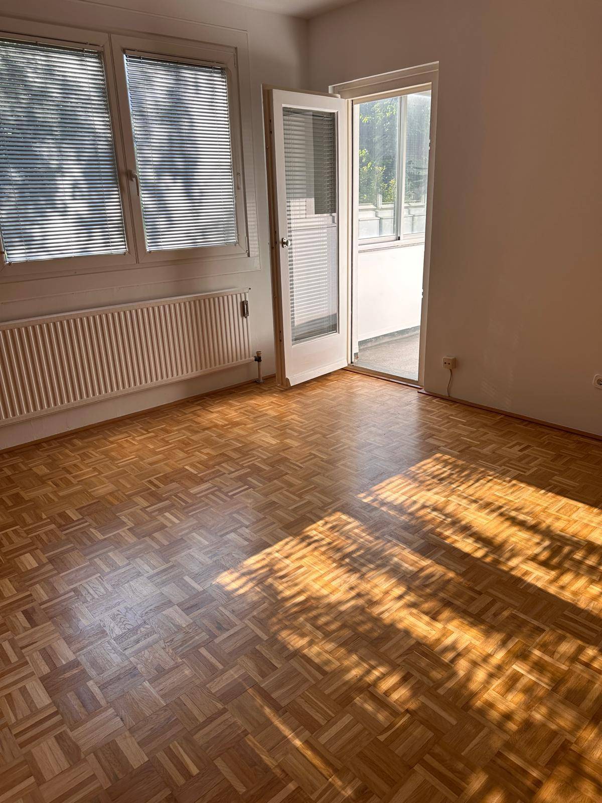 Heller Raum mit Parkettboden, großen Fenstern und Zugang zu einem Außenbereich.